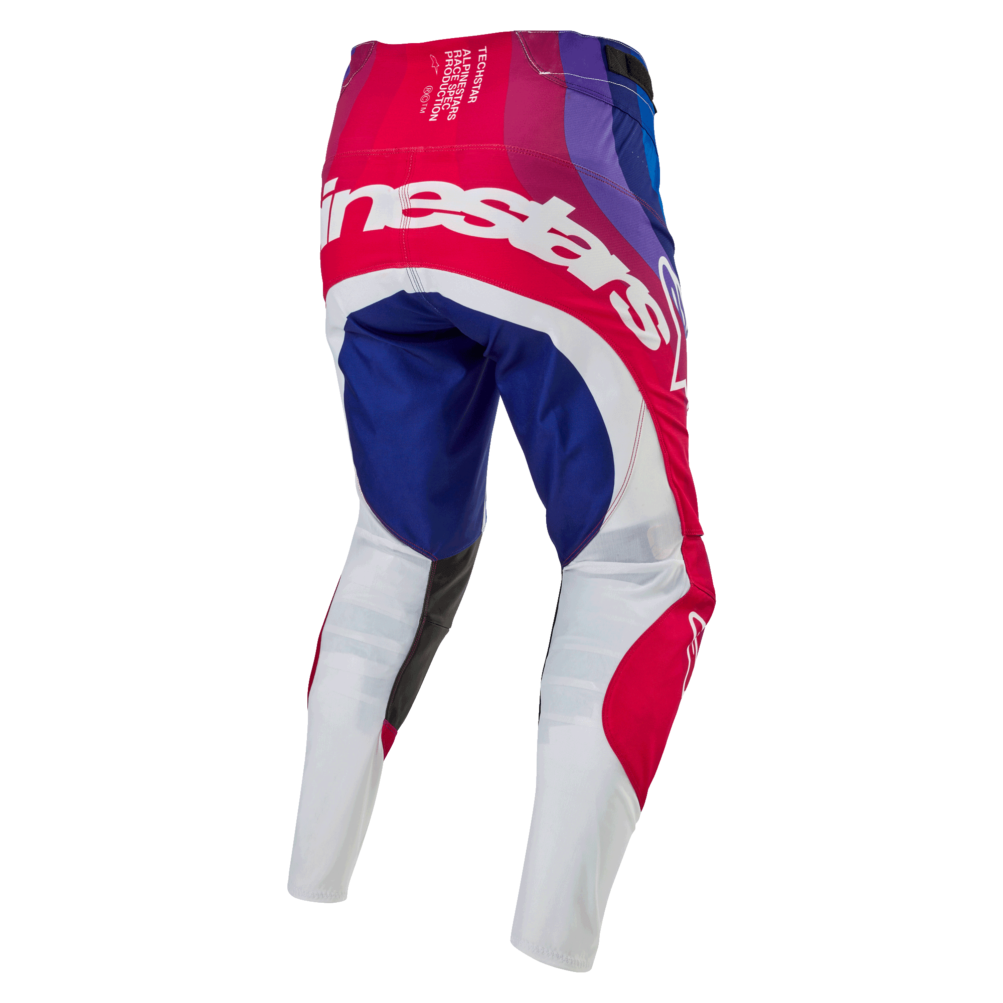 Alpinestars 2024 Techstar Pneuma Pants, pantaloni da motocross, Blu Mars Red White, vista posteriore con grande marchio Alpinestars bianco sulla seduta, pannelli blu e rossi con fondo gamba bianco, design resistente per competizioni fuoristrada