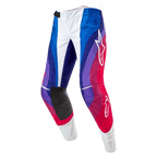 Alpinestars Pantaloni Techstar Pneuma 2024, pantaloni da motocross, Blu Mars Rosso Bianco, con motivo dinamico a onde in sfumature di blu, viola e rosso, loghi Alpinestars bianchi e resistenti pannelli interni sulle ginocchia neri