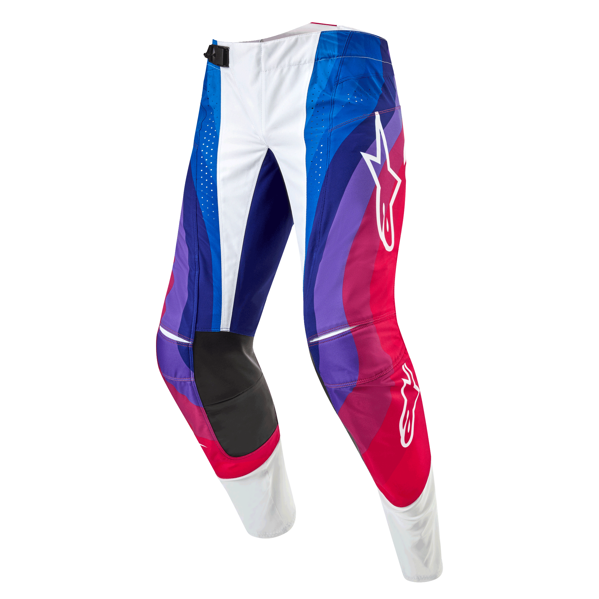 Alpinestars Pantaloni Techstar Pneuma 2024, pantaloni da motocross, Blu Mars Rosso Bianco, con motivo dinamico a onde in sfumature di blu, viola e rosso, loghi Alpinestars bianchi e resistenti pannelli interni sulle ginocchia neri