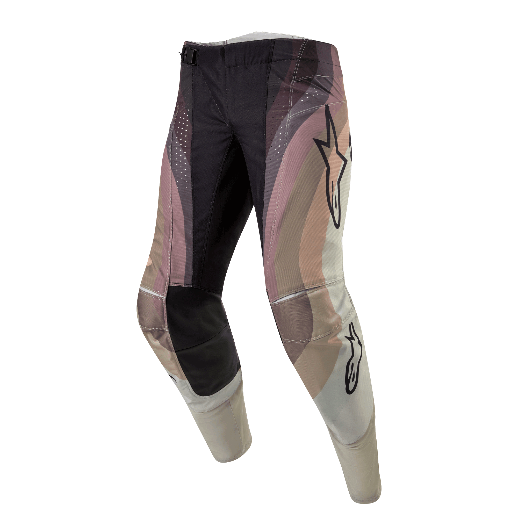 Pantaloni Alpinestars Techstar Pneuma 2024, pantaloni da motocross, Sabbia Scura, Polvere di Ferro e Grigio, caratterizzati da un design a blocchi di colore ondulati con loghi a stella Alpinestars, pannelli neri rinforzati sulle ginocchia e perforazioni laser, equipaggiamento da corsa fuoristrada resistente