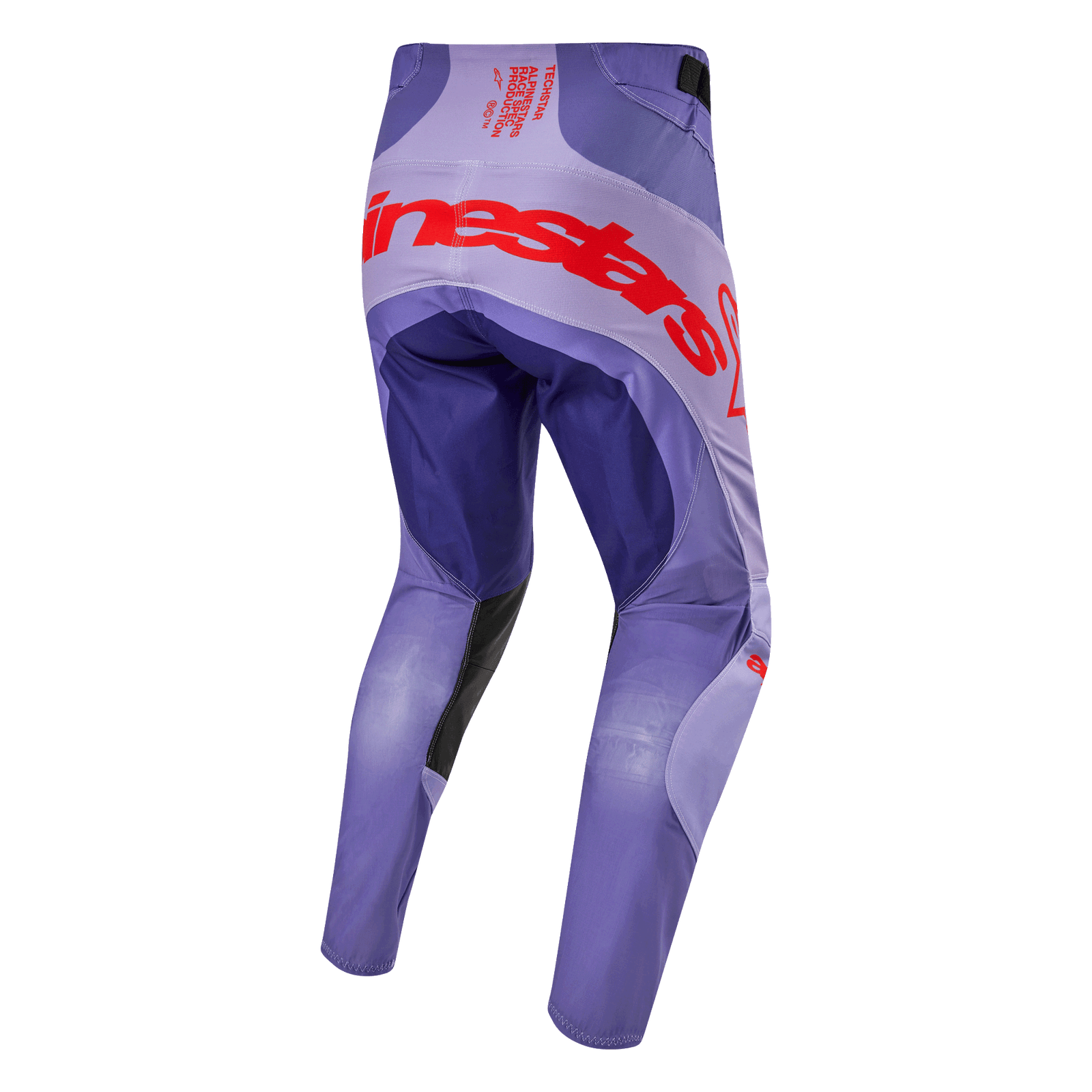Alpinestars 2024 Techstar Ocuri Pants, pantaloni da motocross, viola con accenti arancione acceso, vista posteriore con logo rosso, equipaggiamento protettivo per fuoristrada