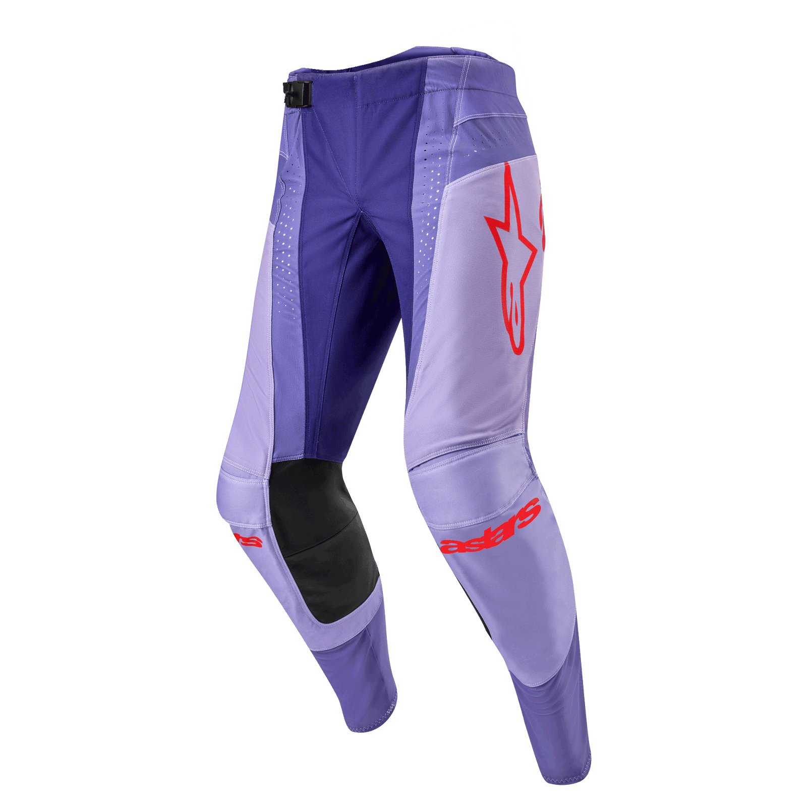 Alpinestars 2024 Techstar Ocuri Pants, pantaloni da motocross, viola e lilla con accenti arancione acceso, logo Alpinestars rosso, rinforzi neri sulle ginocchia, design sportivo per fuoristrada