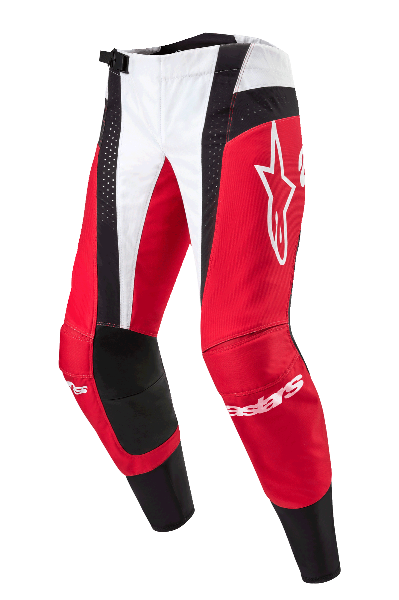 Alpinestars 2024 Techstar Ocuri Pants, pantaloni da motocross, rosso Mars, bianco e nero, con pannelli rossi e bianchi e accenti neri traforati, grande logo Astar bianco sulla coscia, marchio Alpinestars sugli stinchi, design resistente per gare fuoristrada