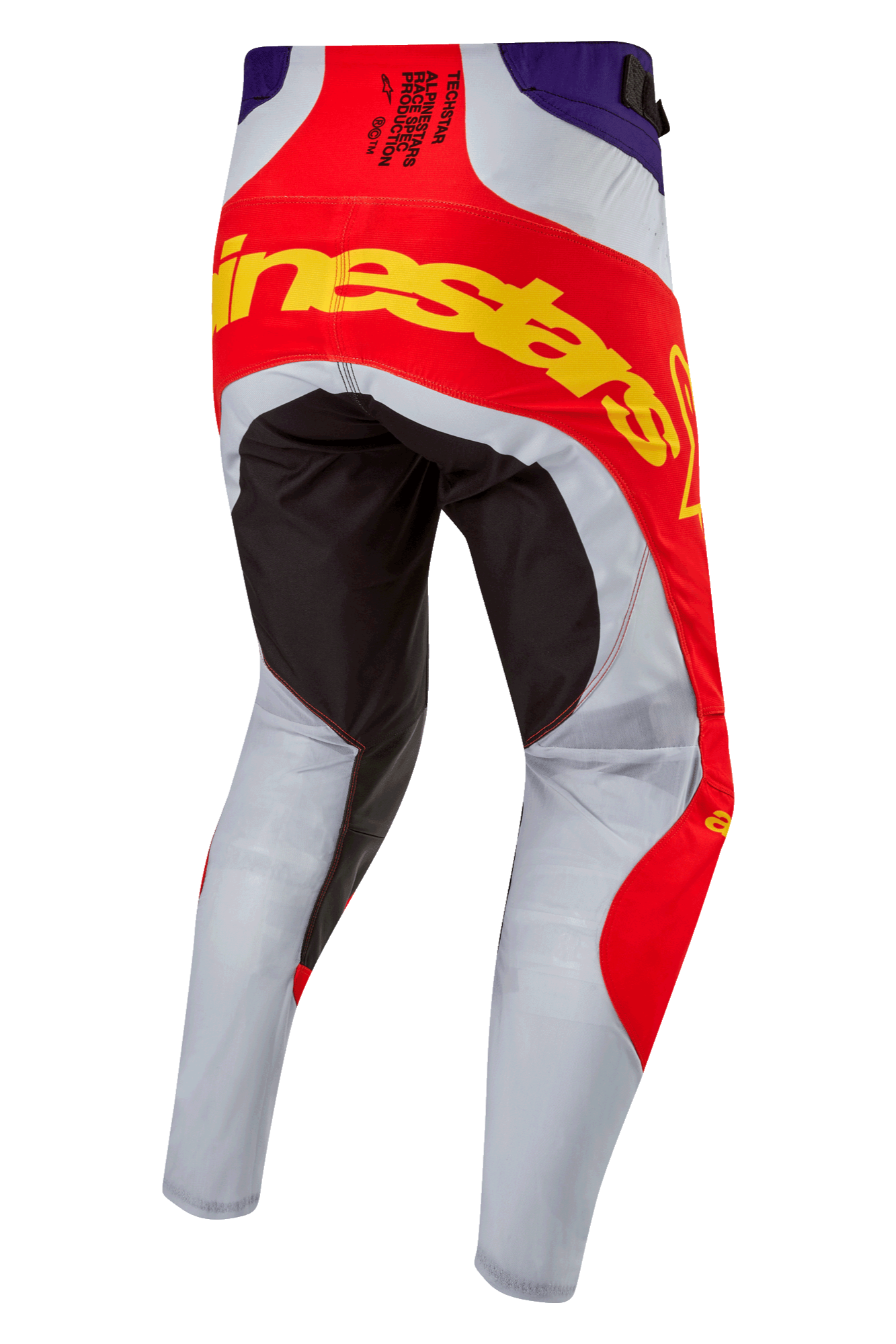 Alpinestars 2024 Techstar Ocuri Pants, pantaloni da motocross, arancione Hot Orange, viola e nero, vista posteriore con vistoso logo giallo sulla seduta, pannelli rinforzati neri e gambe ventilate grigio chiaro