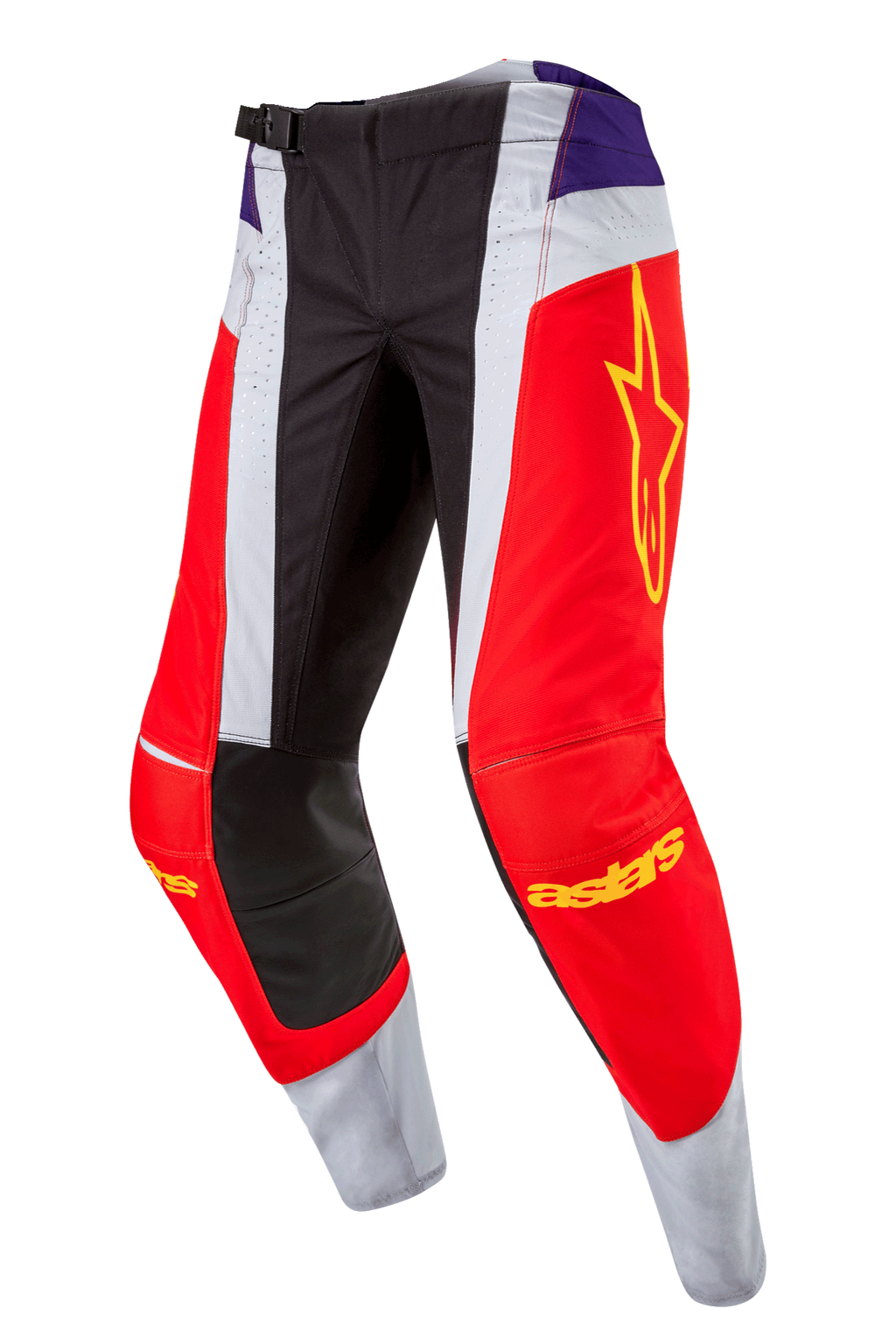 Alpinestars 2024 Techstar Ocuri Pants, pantaloni da motocross, Hot Orange Purple Black, con pannelli rossi e bianchi, dettagli viola sui fianchi, logo a stella giallo sulla coscia, ginocchia rinforzate nere, design atletico per gare fuoristrada
