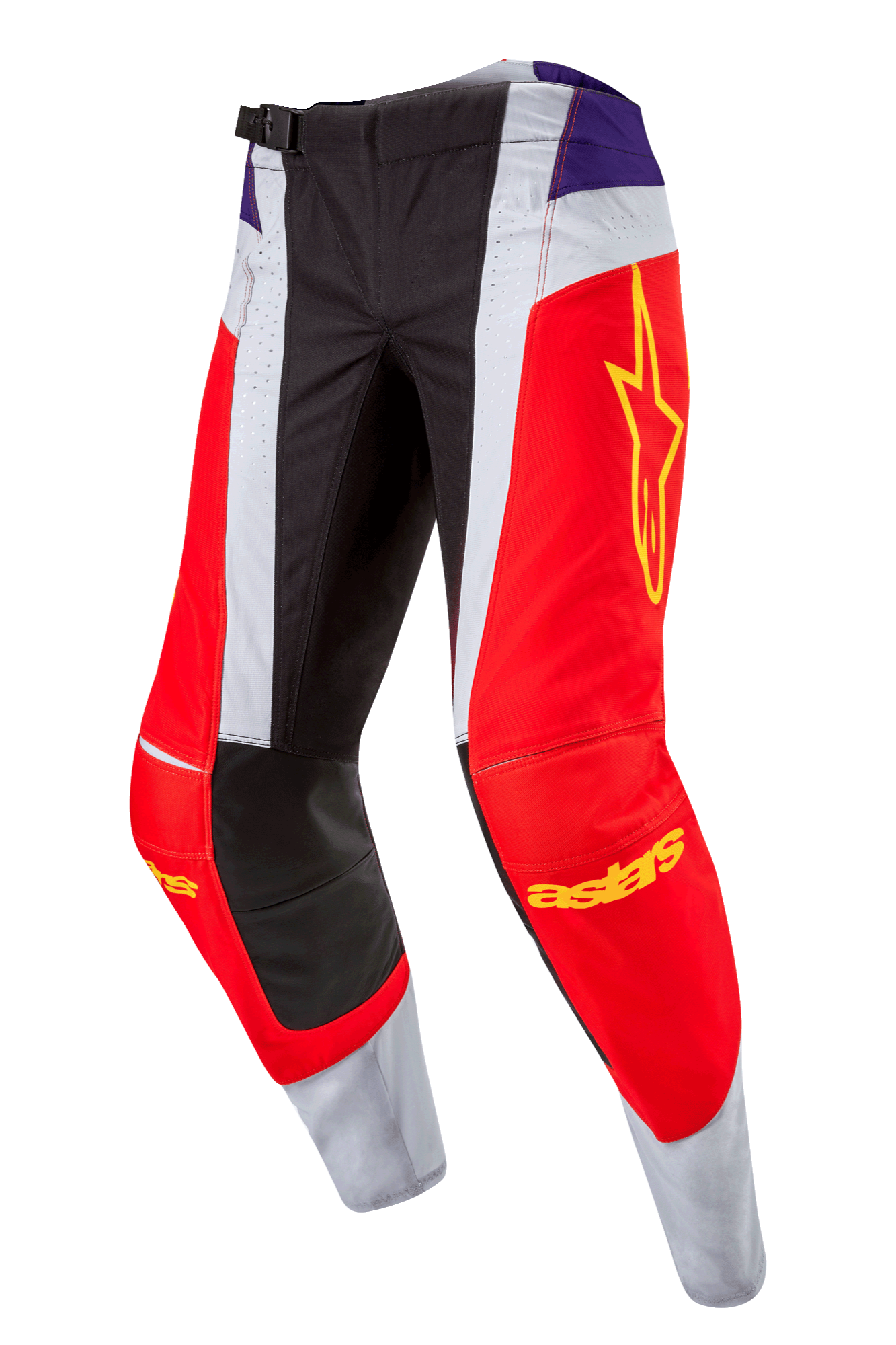 Alpinestars 2024 Techstar Ocuri Pants, pantaloni da motocross, Hot Orange Purple Black, con pannelli rossi e bianchi, dettagli viola sui fianchi, logo a stella giallo sulla coscia, ginocchia rinforzate nere, design atletico per gare fuoristrada