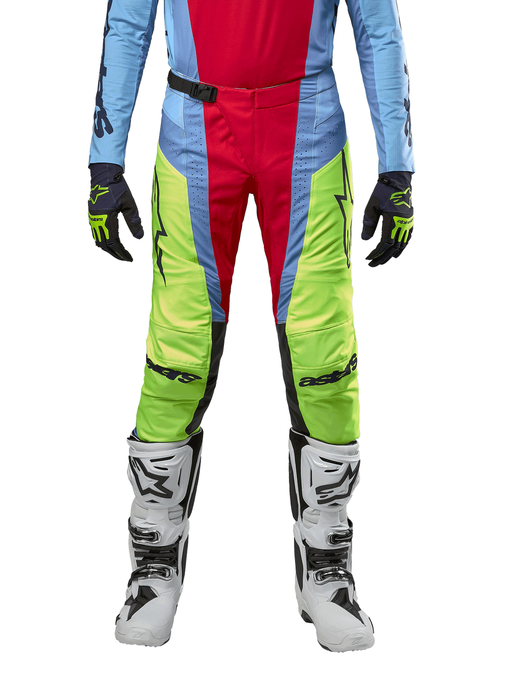 Alpinestars Pantaloni Techstar Ocuri 2024, pantaloni da motocross, azzurro, giallo fluo e rosso berry, indossati con maglia coordinata e stivali da motocross bianchi, caratterizzati da vivaci pannelli color-block e loghi neri, design resistente con vestibilità racing
