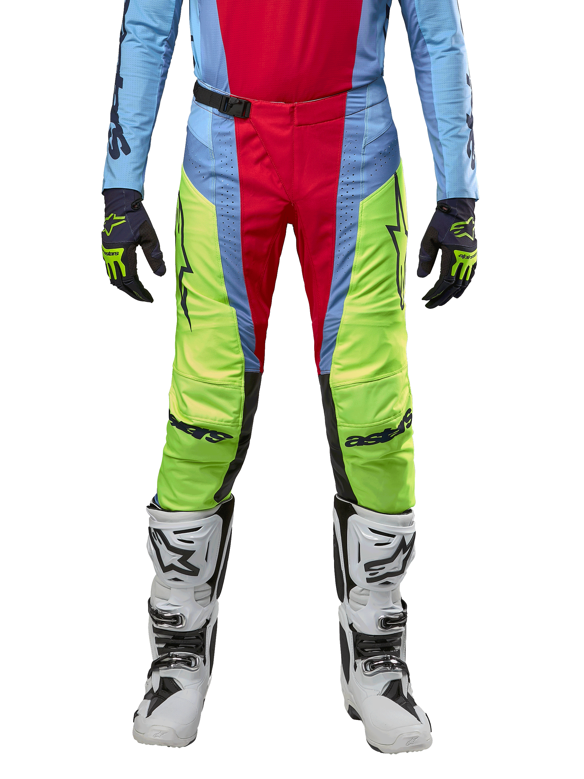 Alpinestars Pantaloni Techstar Ocuri 2024, pantaloni da motocross, azzurro, giallo fluo e rosso berry, indossati con maglia coordinata e stivali da motocross bianchi, caratterizzati da vivaci pannelli color-block e loghi neri, design resistente con vestibilità racing