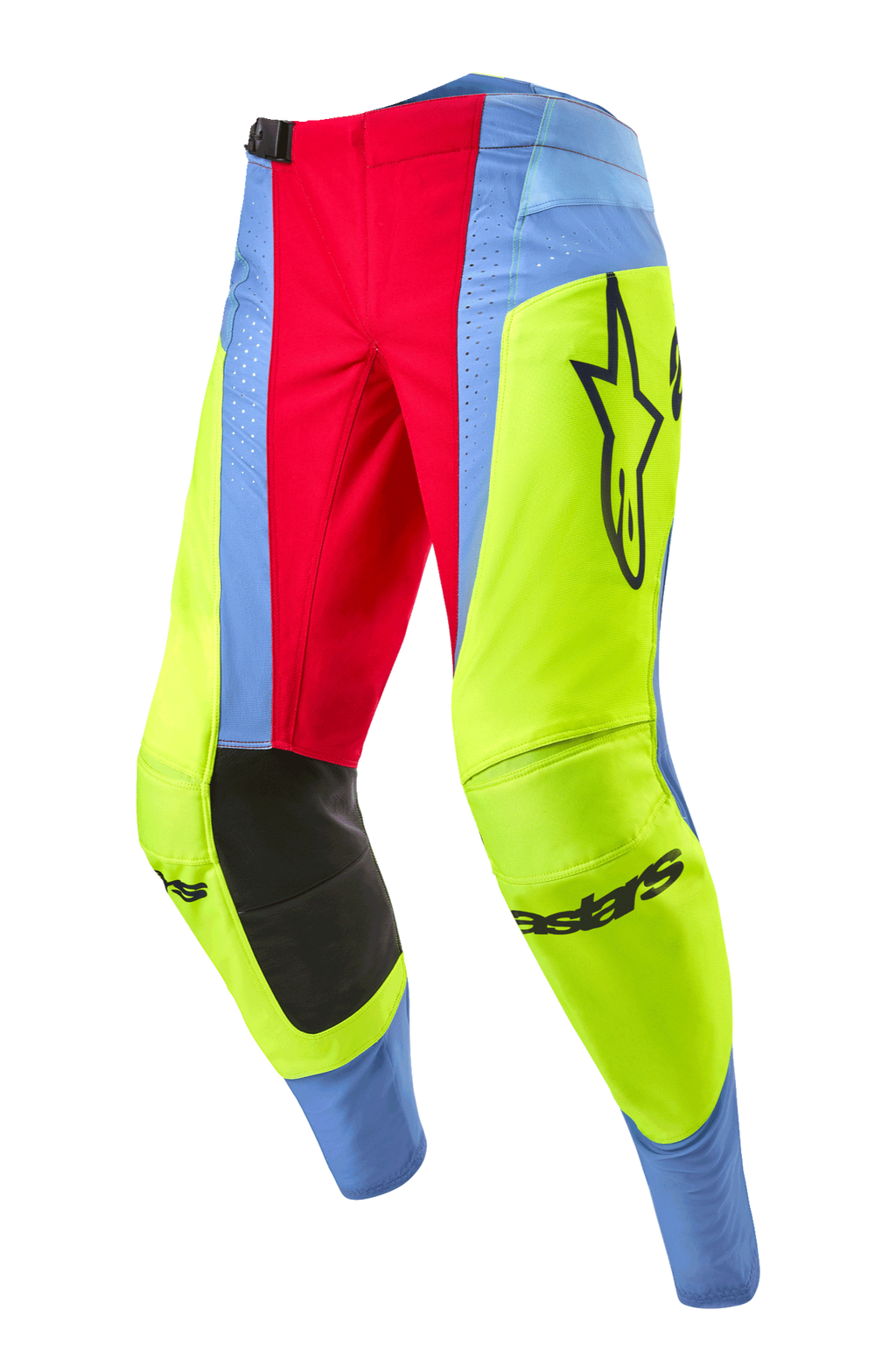 Alpinestars 2024 Techstar Ocuri Pants, pantaloni da motocross, azzurro, giallo fluo e rosso berry, con pannelli interni neri alle ginocchia, logo Alpinestars evidente e vivaci pannelli multicolore per corse fuoristrada