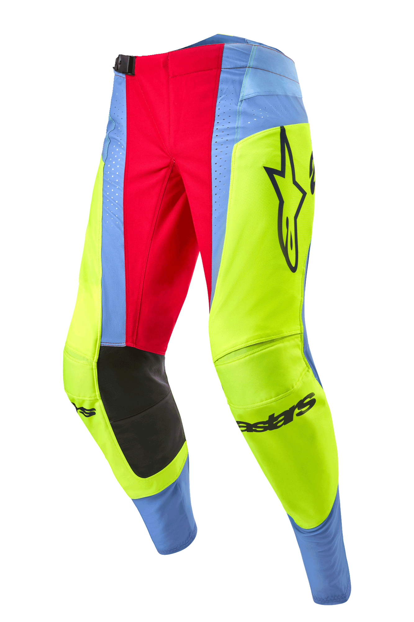 Alpinestars 2024 Techstar Ocuri Pants, pantaloni da motocross, azzurro, giallo fluo e rosso berry, con pannelli interni neri alle ginocchia, logo Alpinestars evidente e vivaci pannelli multicolore per corse fuoristrada