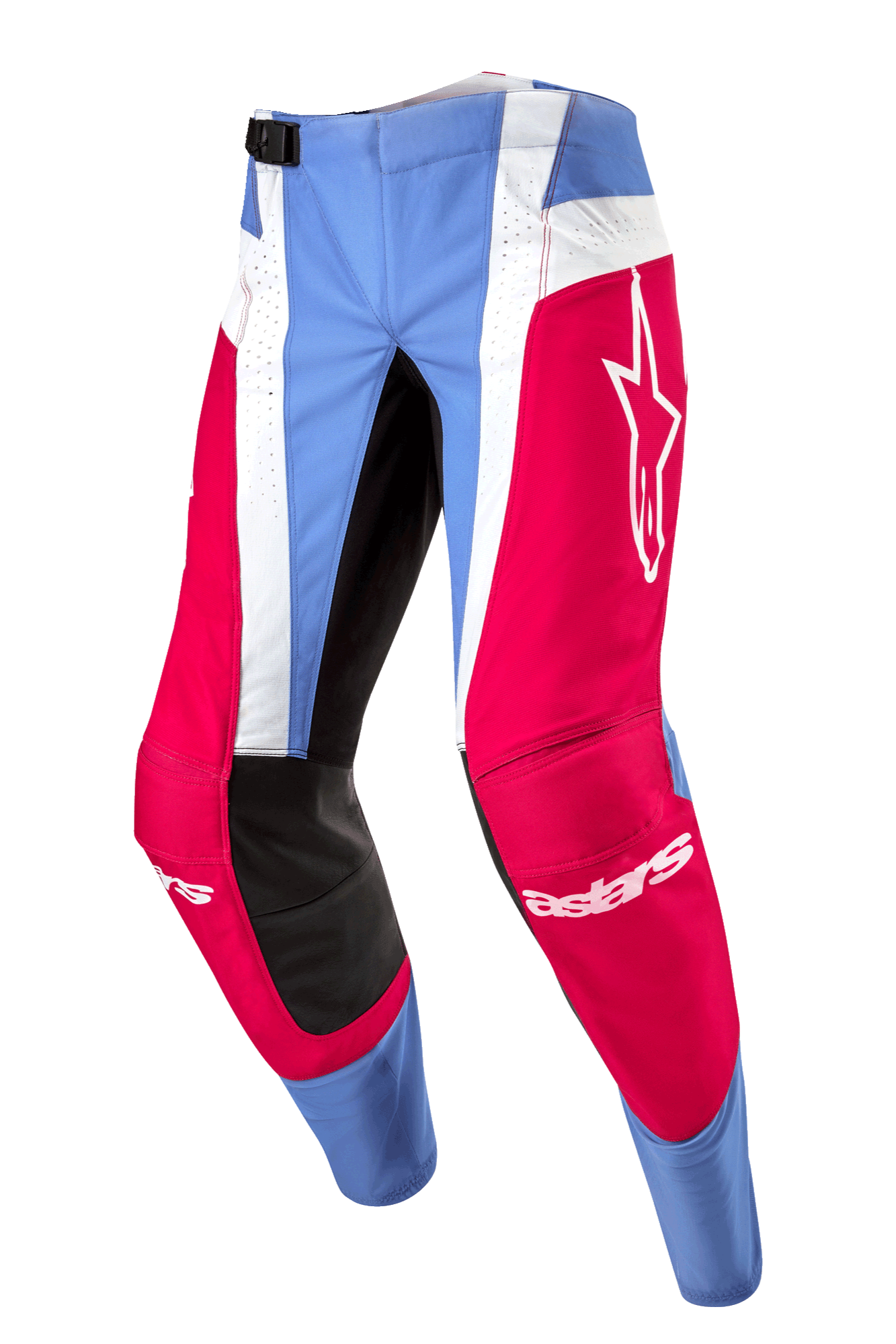 Alpinestars Pantaloni Techstar Ocuri 2024, pantaloni da motocross, azzurro, rosso Marte e bianco, con vivaci pannelli rossi e logo a stella bianco, rinforzi interni neri sulle ginocchia e strisce verticali bianche traforate per la ventilazione