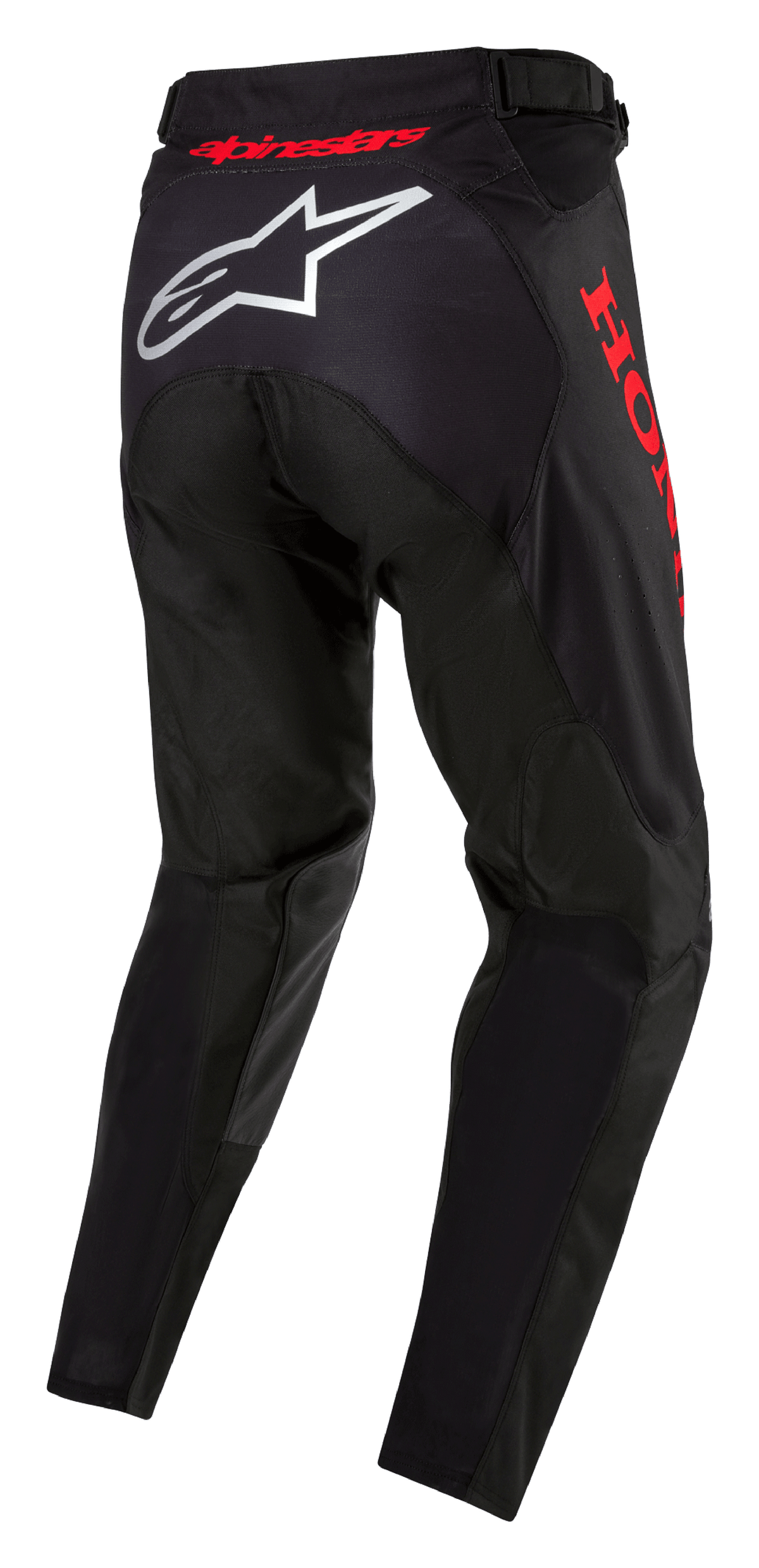 Pantaloni Honda Racer Iconic, pantaloni da motocross, nero e rosso, vista posteriore con logo Alpinestars bianco sulla seduta e marchio Honda rosso sul lato, design ergonomico con logo rosso in vita per corse fuoristrada.