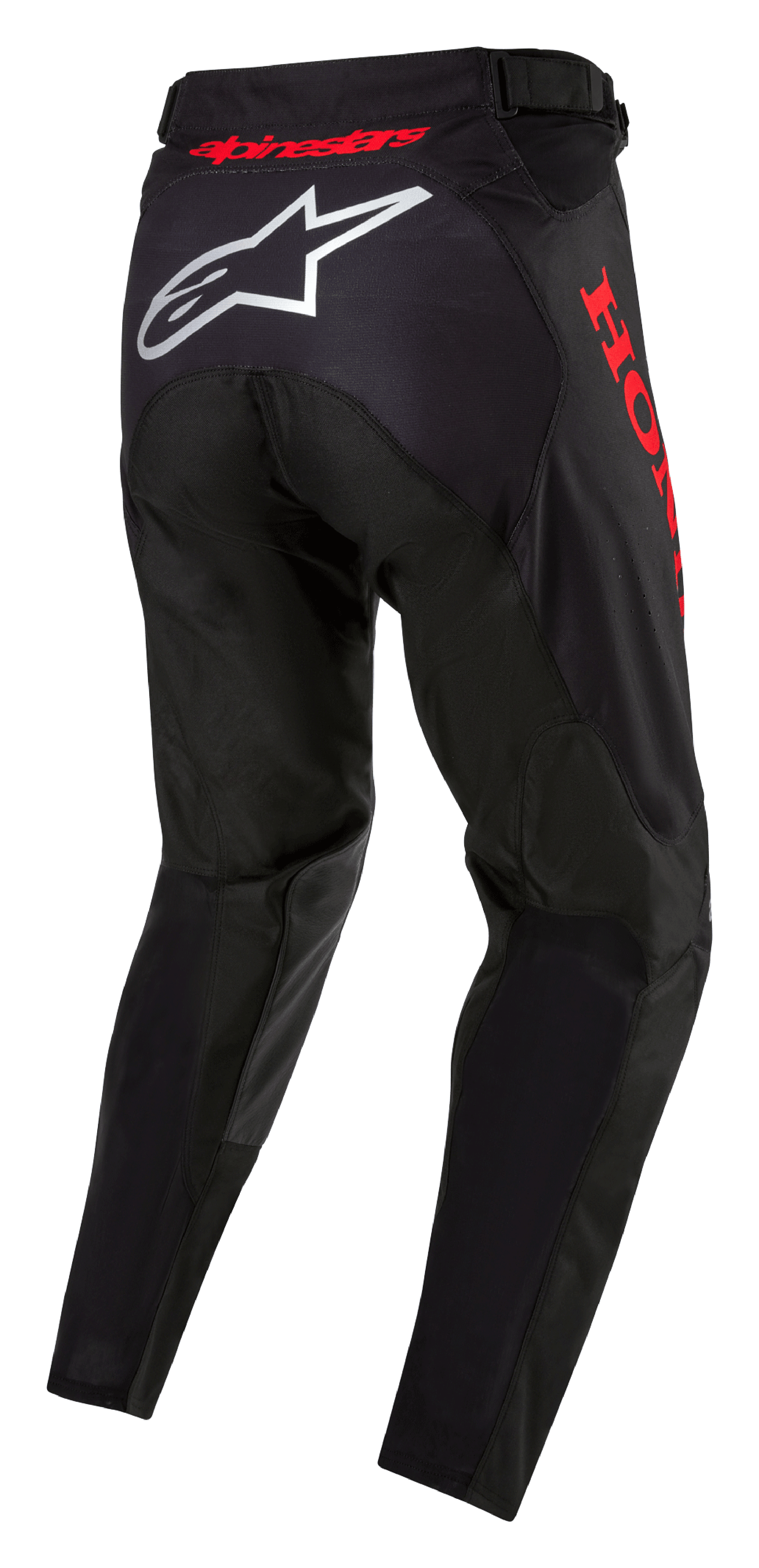 Pantaloni Honda Racer Iconic, pantaloni da motocross, nero e rosso, vista posteriore con logo Alpinestars bianco sulla seduta e marchio Honda rosso sul lato, design ergonomico con logo rosso in vita per corse fuoristrada.
