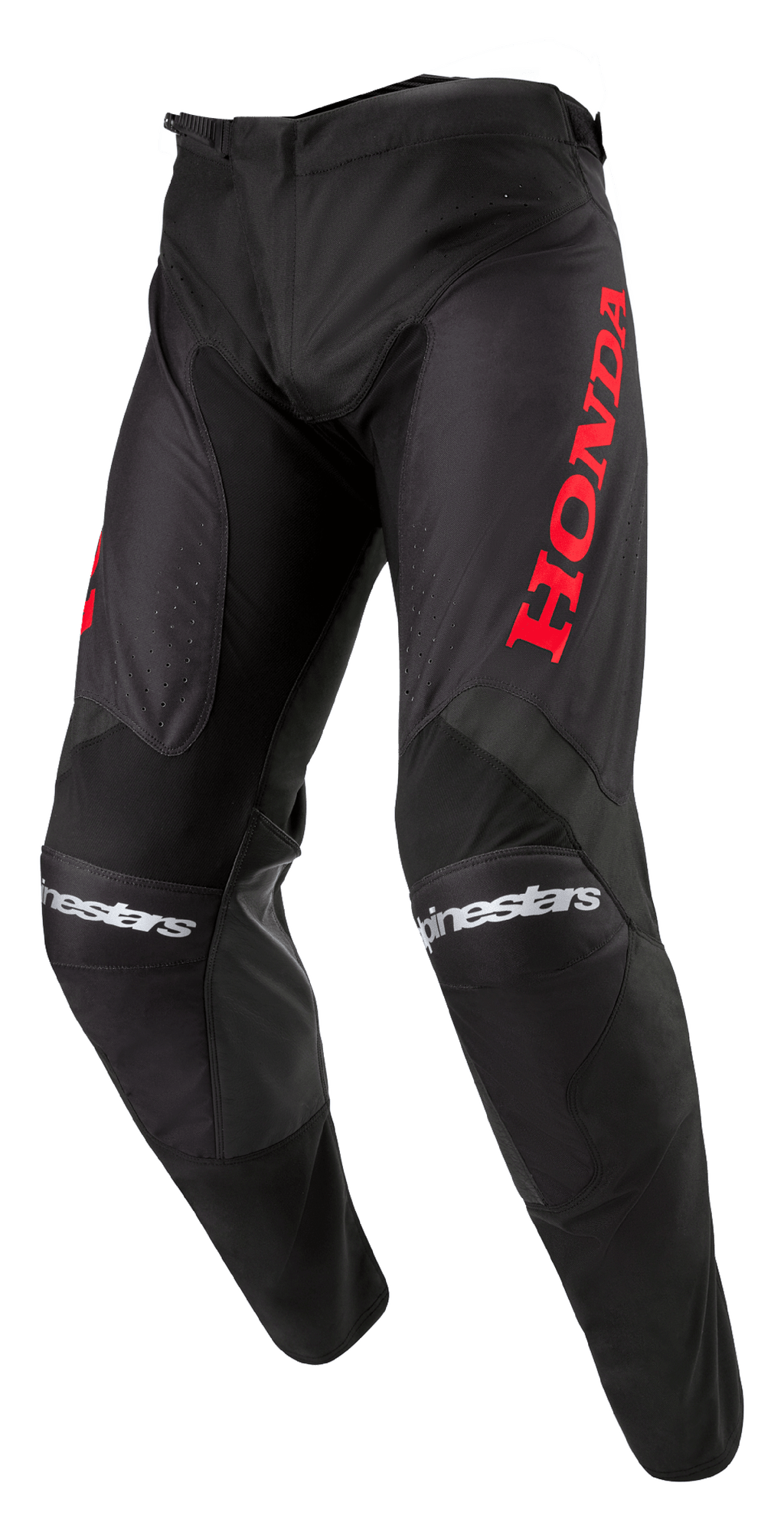 Alpinestars Honda Racer Iconic Pants, pantaloni da motocross, nero con branding rosso, caratterizzati da un grande logo Honda rosso sulla coscia e scritta Alpinestars bianca sulle ginocchia, design dal taglio sportivo per prestazioni fuoristrada