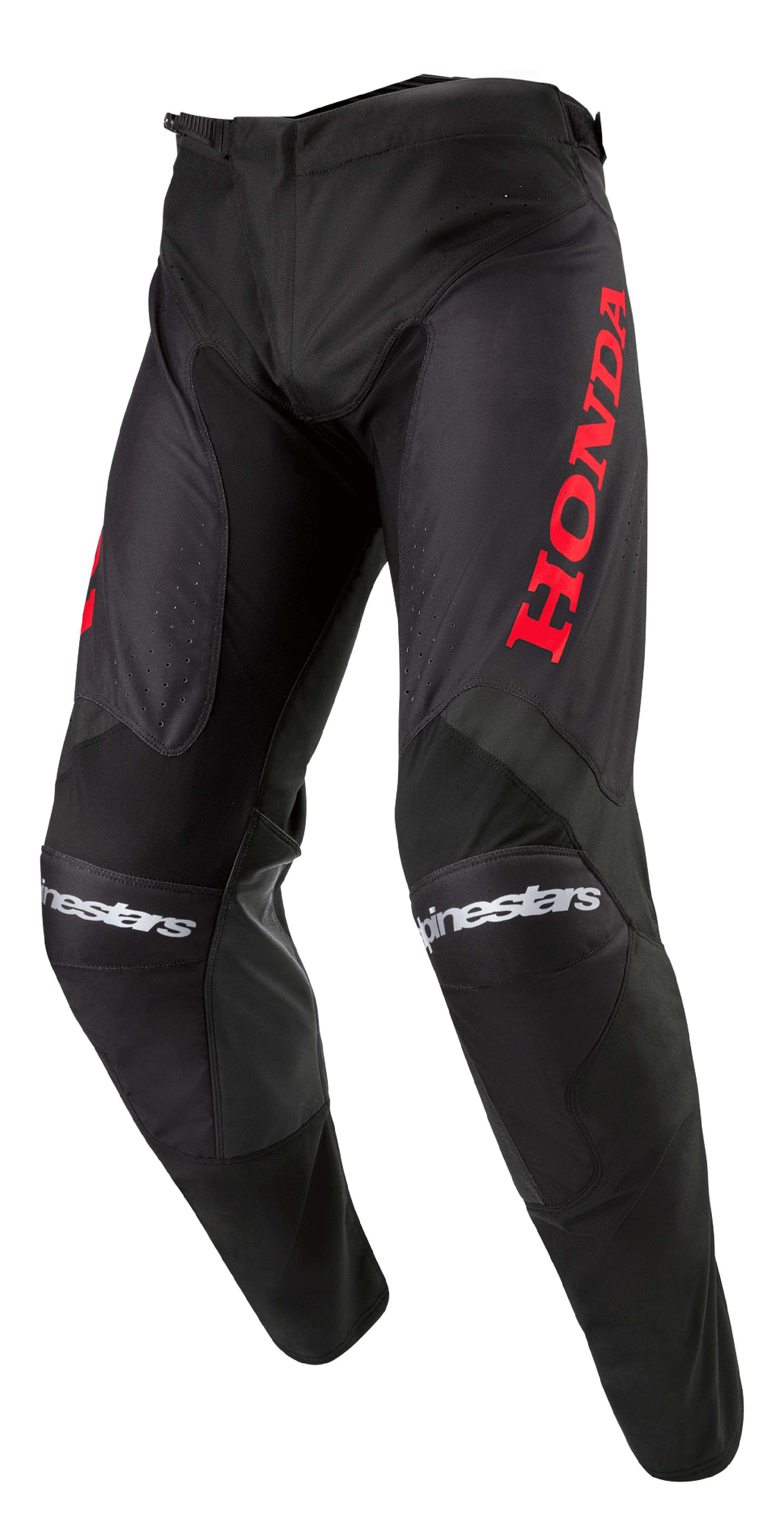 Alpinestars Honda Racer Iconic Pants, pantaloni da motocross, nero con branding rosso, caratterizzati da un grande logo Honda rosso sulla coscia e scritta Alpinestars bianca sulle ginocchia, design dal taglio sportivo per prestazioni fuoristrada