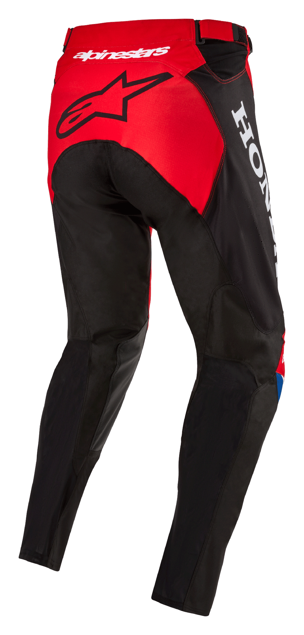Alpinestars Honda Racer Iconic Pants, pantaloni da motocross, rosso brillante, nero e bianco, vista posteriore di tre quarti con pannello della seduta rosso e logo a stella nero, marchio Honda bianco sul lato, costruzione in tessuto resistente con taglio sportivo per corse fuoristrada