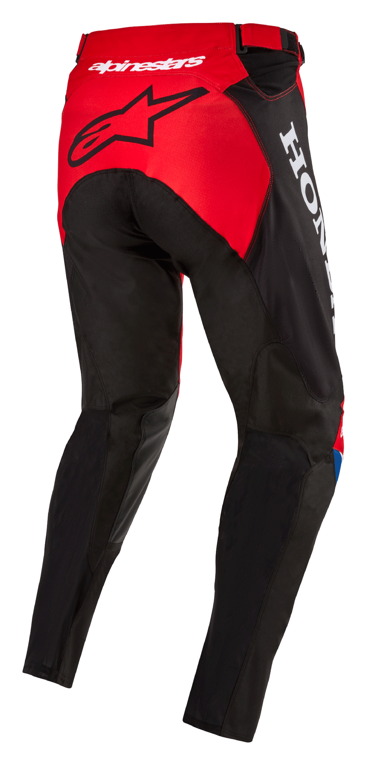Alpinestars Honda Racer Iconic Pants, pantaloni da motocross, rosso brillante, nero e bianco, vista posteriore di tre quarti con pannello della seduta rosso e logo a stella nero, marchio Honda bianco sul lato, costruzione in tessuto resistente con taglio sportivo per corse fuoristrada