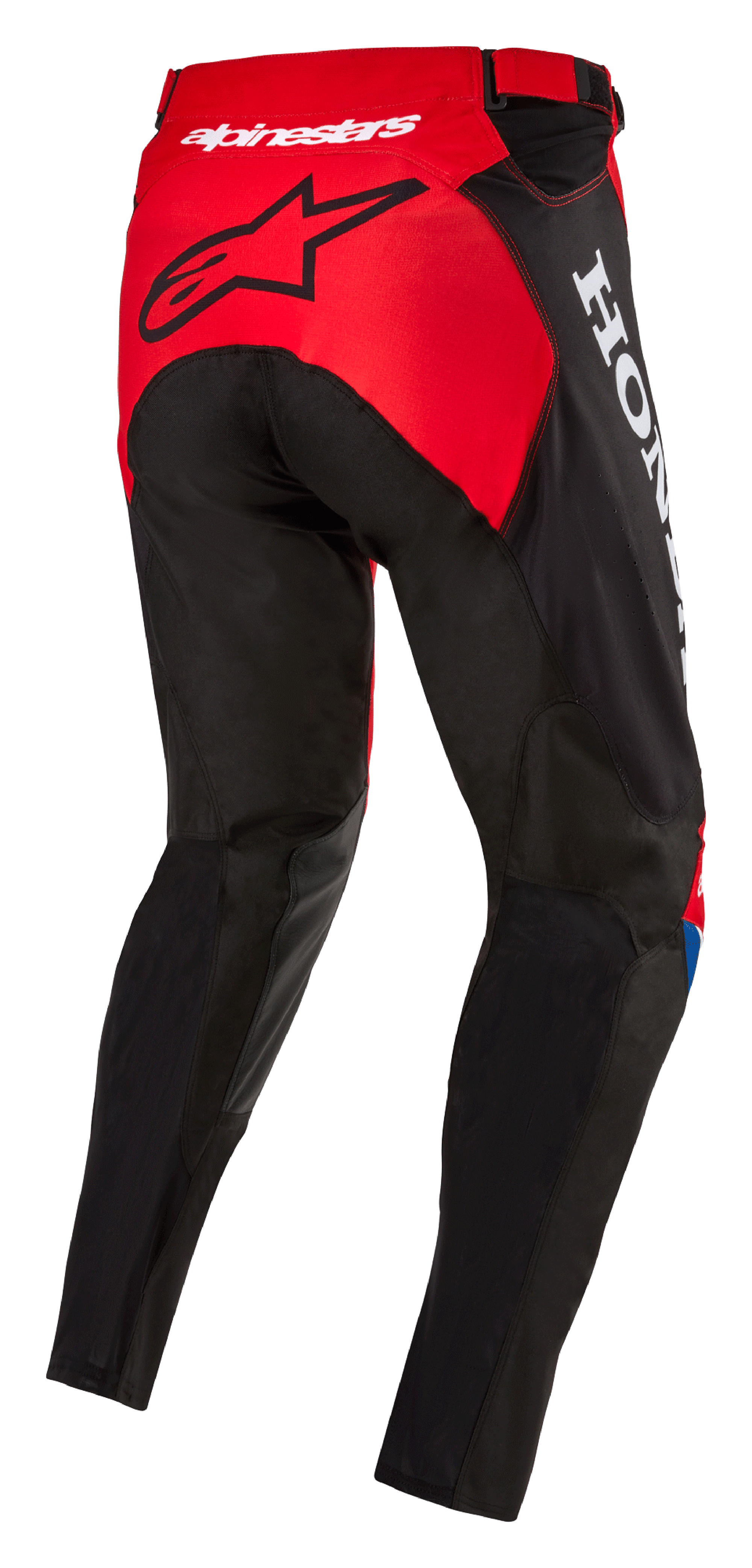 Alpinestars Honda Racer Iconic Pants, pantaloni da motocross, rosso brillante, nero e bianco, vista posteriore di tre quarti con pannello della seduta rosso e logo a stella nero, marchio Honda bianco sul lato, costruzione in tessuto resistente con taglio sportivo per corse fuoristrada