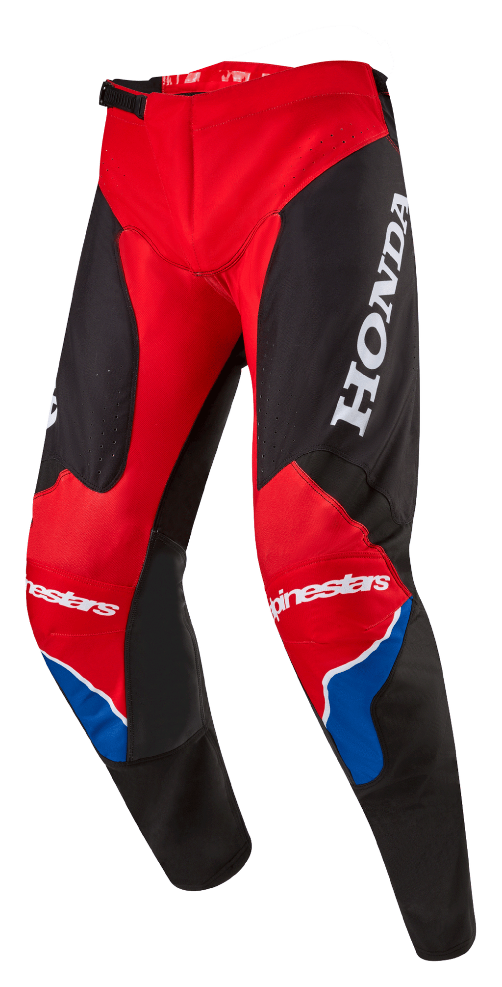Alpinestars Honda Racer Iconic Pants, pantaloni da motocross, rosso brillante, nero e bianco con dettagli blu, grande logo HONDA bianco sulla coscia, marchio Alpinestars sulle ginocchia, costruzione ergonomica pre-curvata e chiusura a cricchetto regolabile.