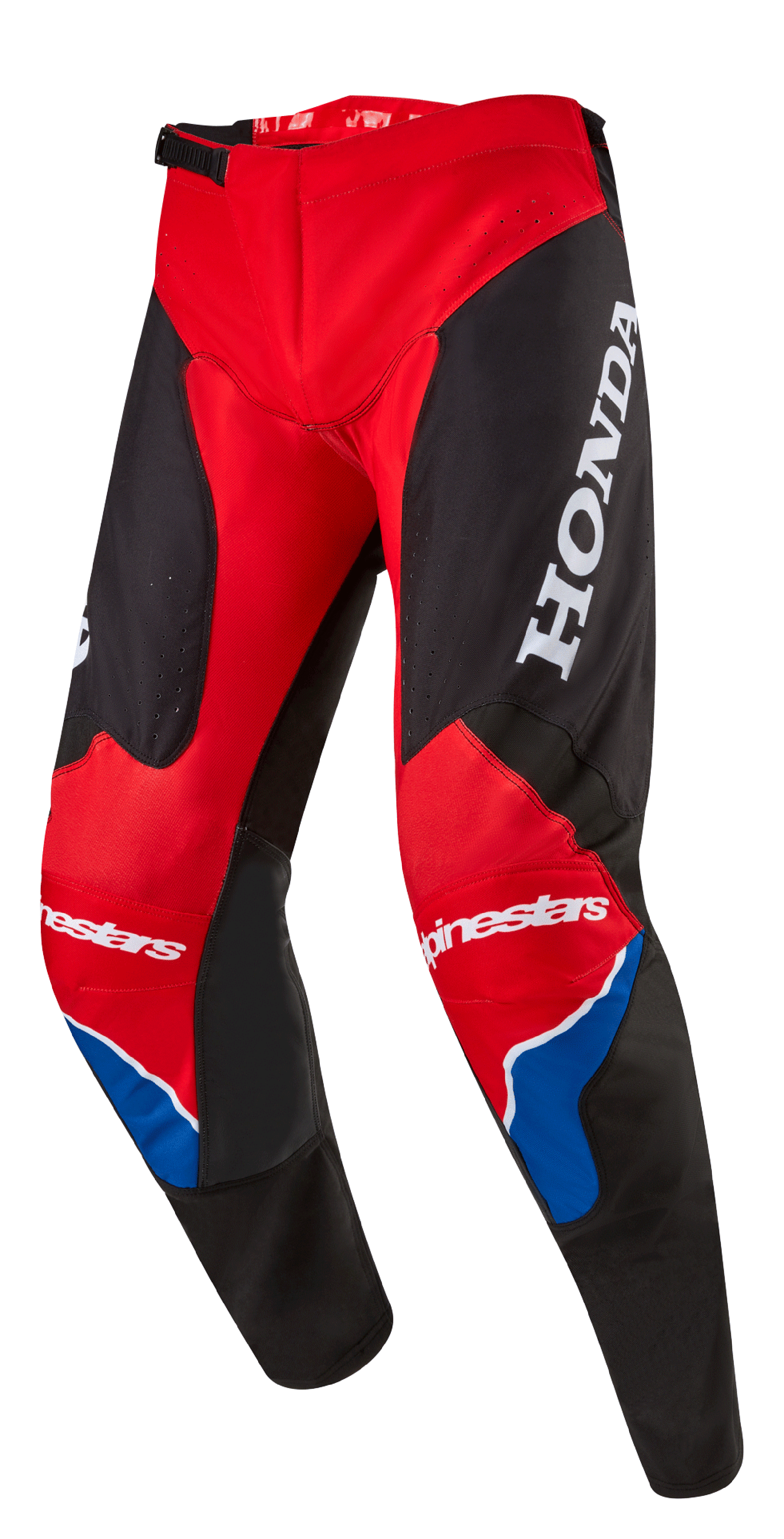 Alpinestars Honda Racer Iconic Pants, pantaloni da motocross, rosso brillante, nero e bianco con dettagli blu, grande logo HONDA bianco sulla coscia, marchio Alpinestars sulle ginocchia, costruzione ergonomica pre-curvata e chiusura a cricchetto regolabile.