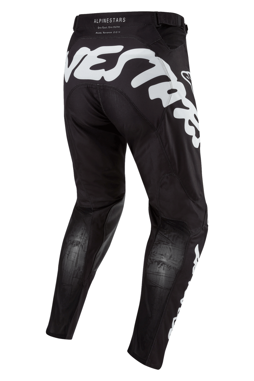 Alpinestars 2024 Racer Hana Pants, pantaloni da motocross, nero con grande logo Alpinestars bianco sulla parte posteriore, pannelli in mesh traspirante sulle gambe, vista da dietro, equipaggiamento protettivo per fuoristrada