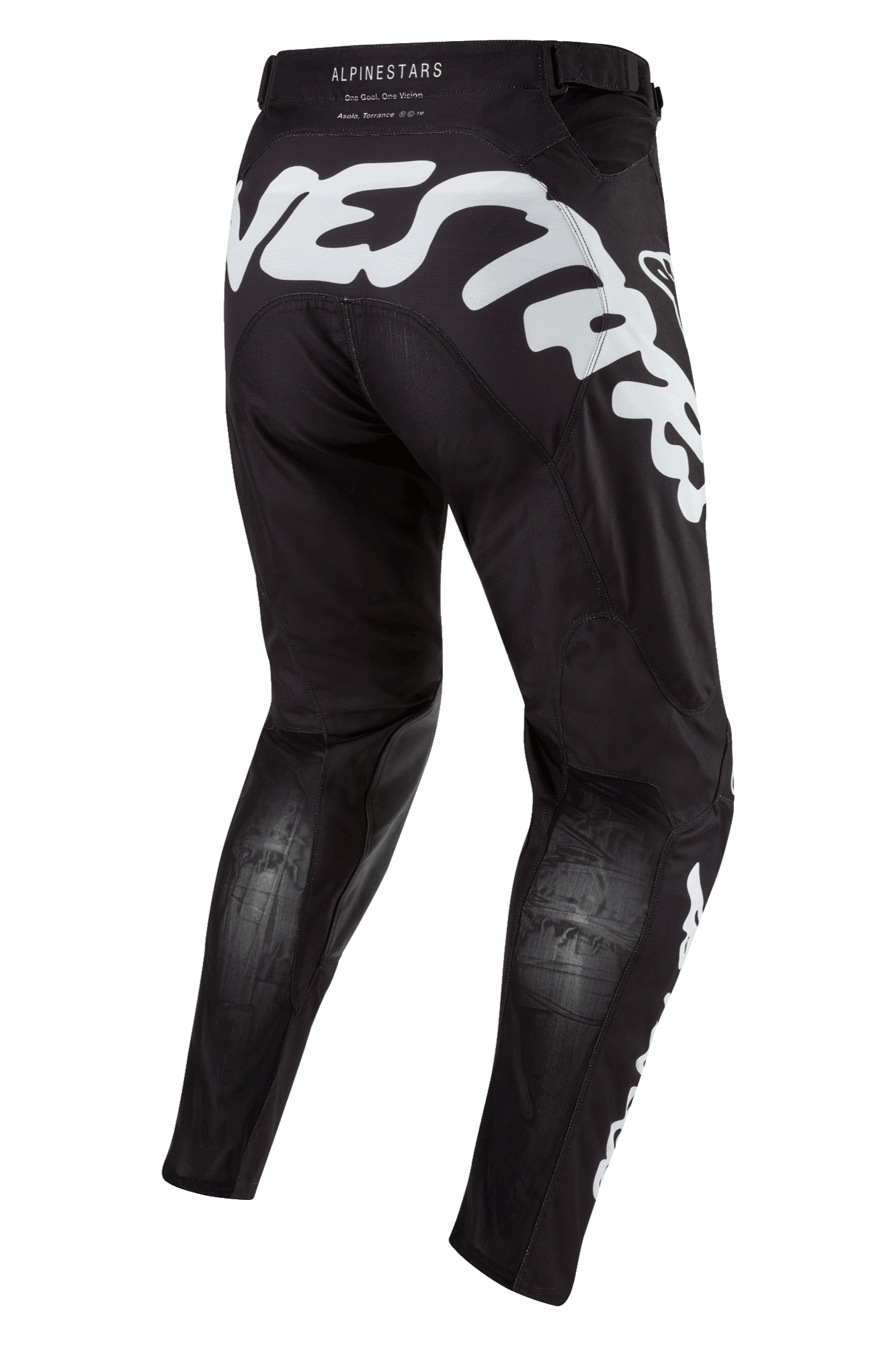Alpinestars 2024 Racer Hana Pants, pantaloni da motocross, nero con grande logo Alpinestars bianco sulla parte posteriore, pannelli in mesh traspirante sulle gambe, vista da dietro, equipaggiamento protettivo per fuoristrada