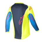 Alpinestars Kids 2024 Racer Graphic 1 Jersey, maglia da motocross, giallo fluo e blu night navy, vista posteriore con loghi a stella rossi, design vivace con pannello centrale blu navy e fianchi gialli, poli-tessuto leggero per guida off-road