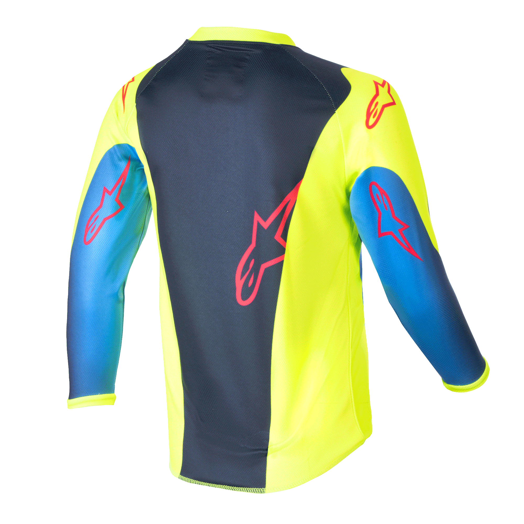 Alpinestars Kids 2024 Racer Graphic 1 Jersey, maglia da motocross, giallo fluo e blu night navy, vista posteriore con loghi a stella rossi, design vivace con pannello centrale blu navy e fianchi gialli, poli-tessuto leggero per guida off-road