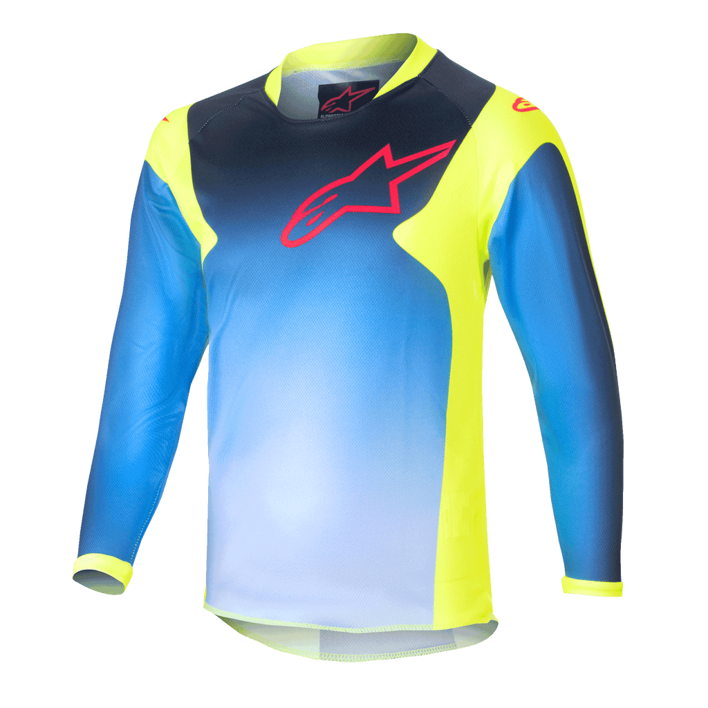 Alpinestars Kids 2024 Racer Graphic 1 Jersey, maglia da motocross per ragazzi a maniche lunghe, blu e giallo neon, design blu sfumato con logo rosso sul petto, pannelli laterali e colletto giallo neon, tessuto tecnico leggero