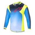 Alpinestars Kids 2024 Racer Graphic 1 Jersey, maglia da motocross per ragazzi a maniche lunghe, blu e giallo neon, design blu sfumato con logo rosso sul petto, pannelli laterali e colletto giallo neon, tessuto tecnico leggero