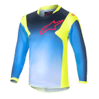 Alpinestars Kids 2024 Racer Graphic 1 Jersey, maglia da motocross per ragazzi a maniche lunghe, blu e giallo neon, design blu sfumato con logo rosso sul petto, pannelli laterali e colletto giallo neon, tessuto tecnico leggero