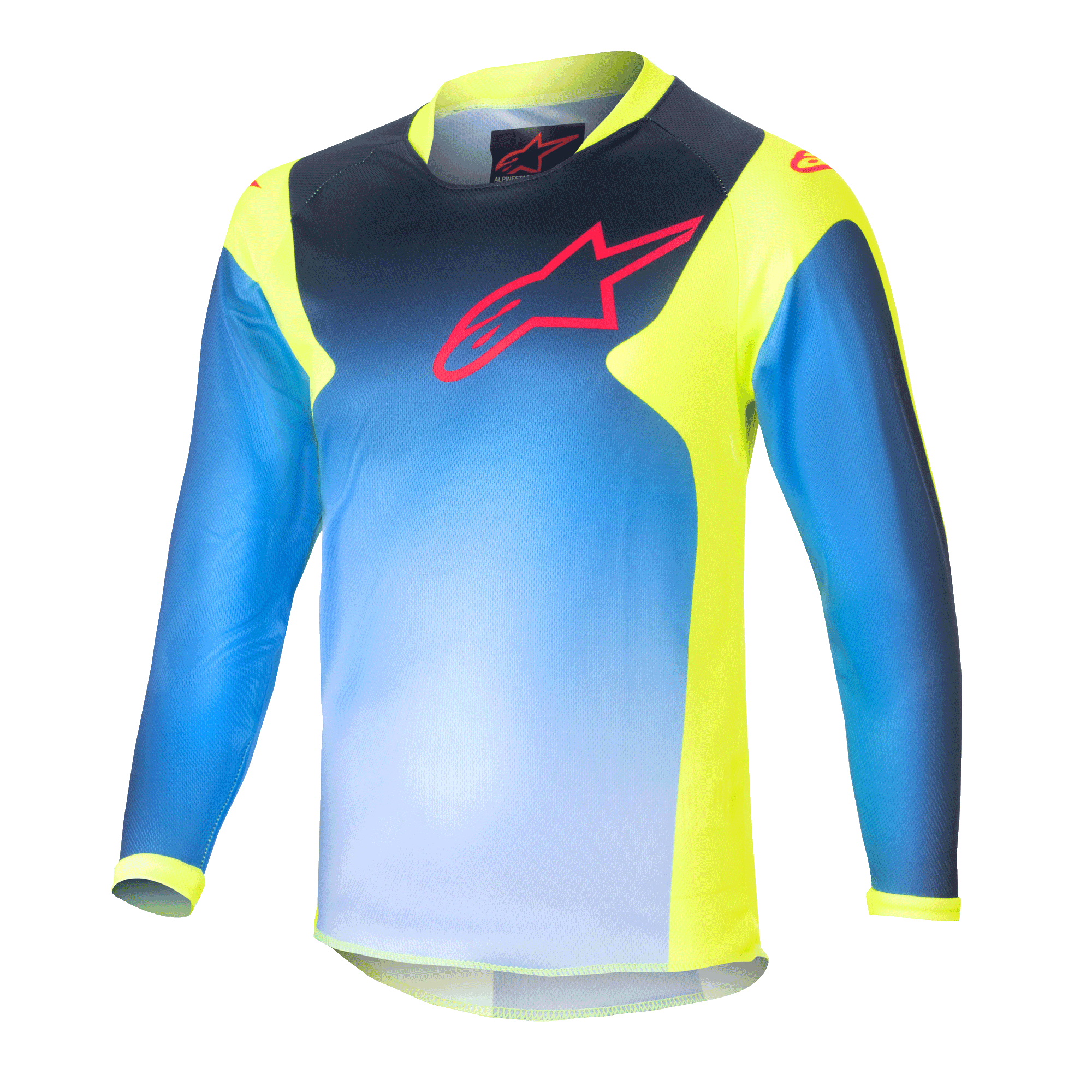 Alpinestars Kids 2024 Racer Graphic 1 Jersey, maglia da motocross per ragazzi a maniche lunghe, blu e giallo neon, design blu sfumato con logo rosso sul petto, pannelli laterali e colletto giallo neon, tessuto tecnico leggero