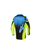 Alpinestars Maglia Racer Nomur Bambino 2026, maglia da motocross, giallo, blu e nero, vista posteriore con grande logo a stella blu e bianco, motivo punteggiato sfumato e orlo posteriore allungato per il fuoristrada