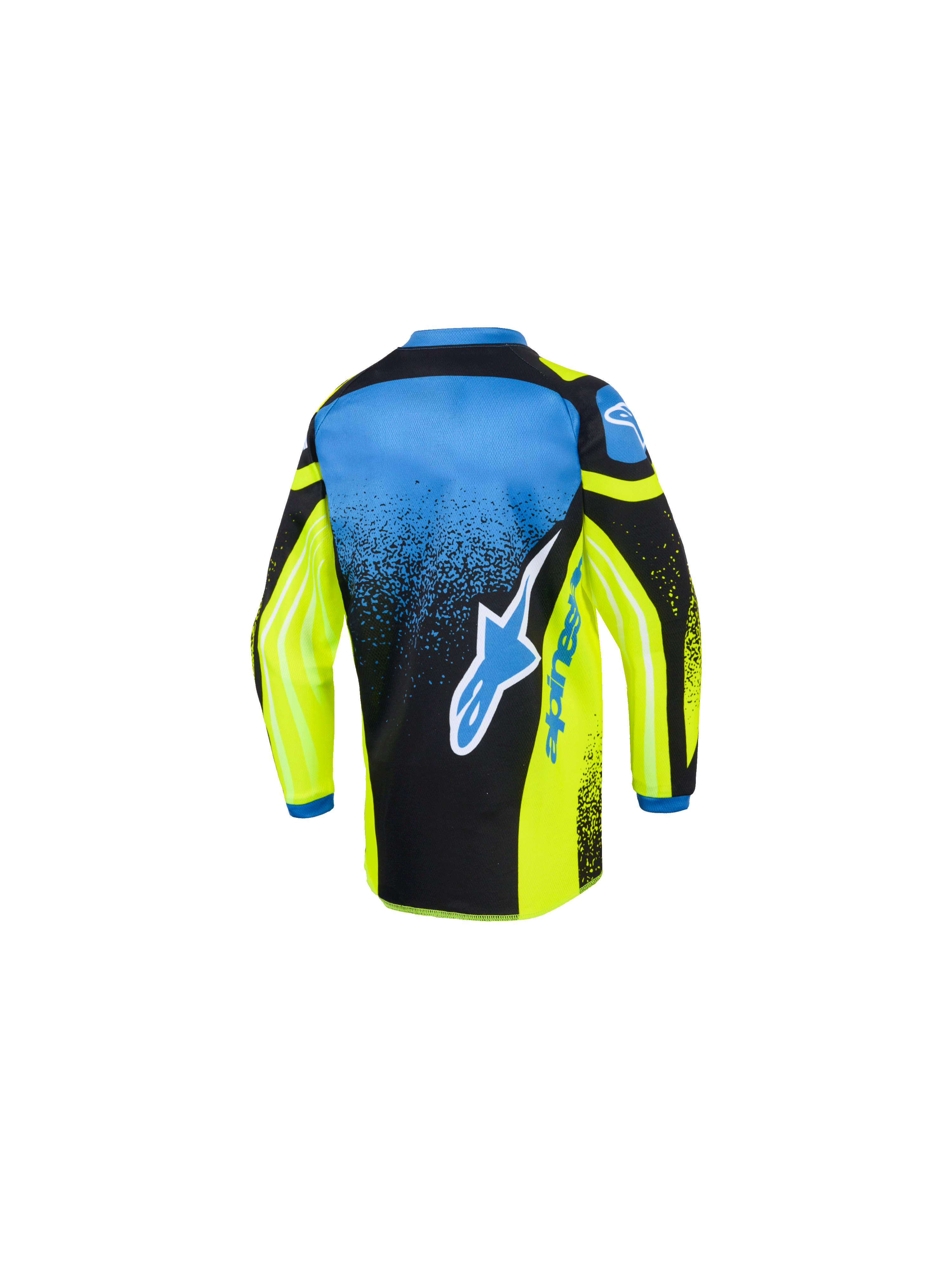 Alpinestars Maglia Racer Nomur Bambino 2026, maglia da motocross, giallo, blu e nero, vista posteriore con grande logo a stella blu e bianco, motivo punteggiato sfumato e orlo posteriore allungato per il fuoristrada
