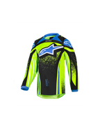 Alpinestars 2026 Kids Racer Nomur Jersey, maglia da motocross per bambini a maniche lunghe, giallo fluo e nero con accenti blu, grande logo stella blu sul petto, tessuto performante leggero e traspirante per la guida off-road