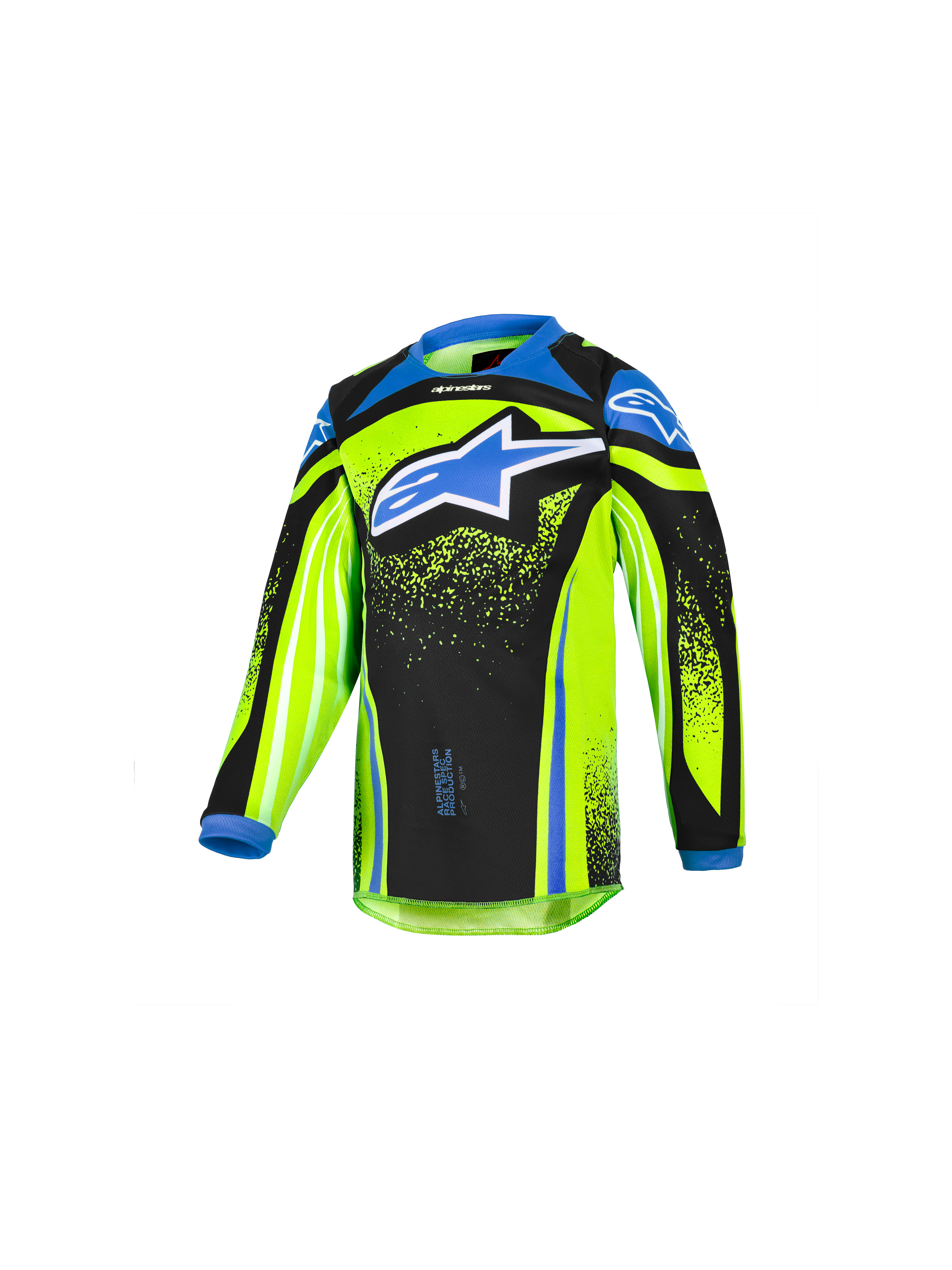 Alpinestars 2026 Kids Racer Nomur Jersey, maglia da motocross per bambini a maniche lunghe, giallo fluo e nero con accenti blu, grande logo stella blu sul petto, tessuto performante leggero e traspirante per la guida off-road