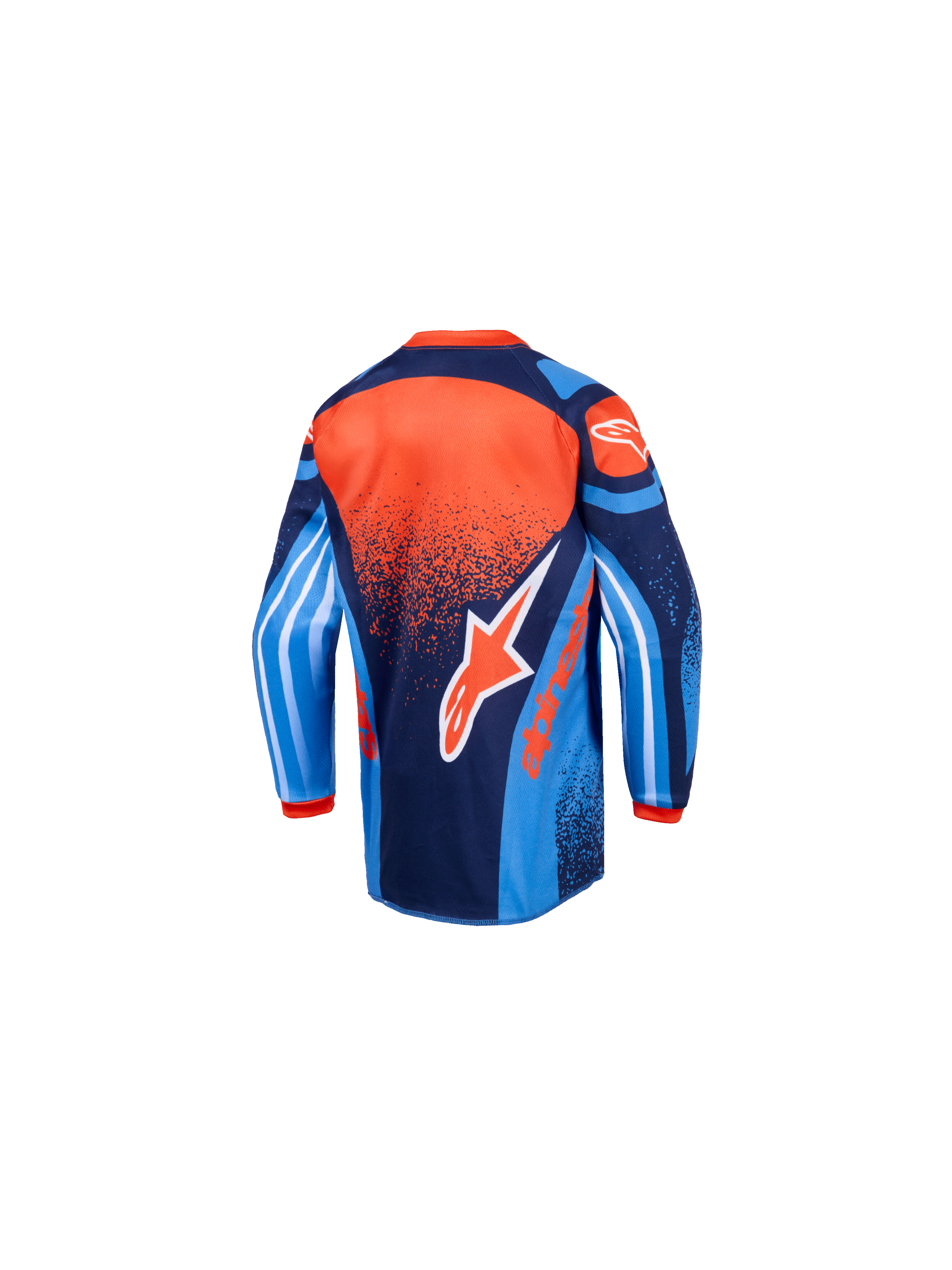 Alpinestars Maglia Racer Nomur Bambino 2026, maglia da motocross, blu scuro, arancione e blu UCLA, vista posteriore, con grande logo Alpinestars, bordo posteriore allungato e maniche con grafiche vivaci per prestazioni fuoristrada dei giovani piloti.