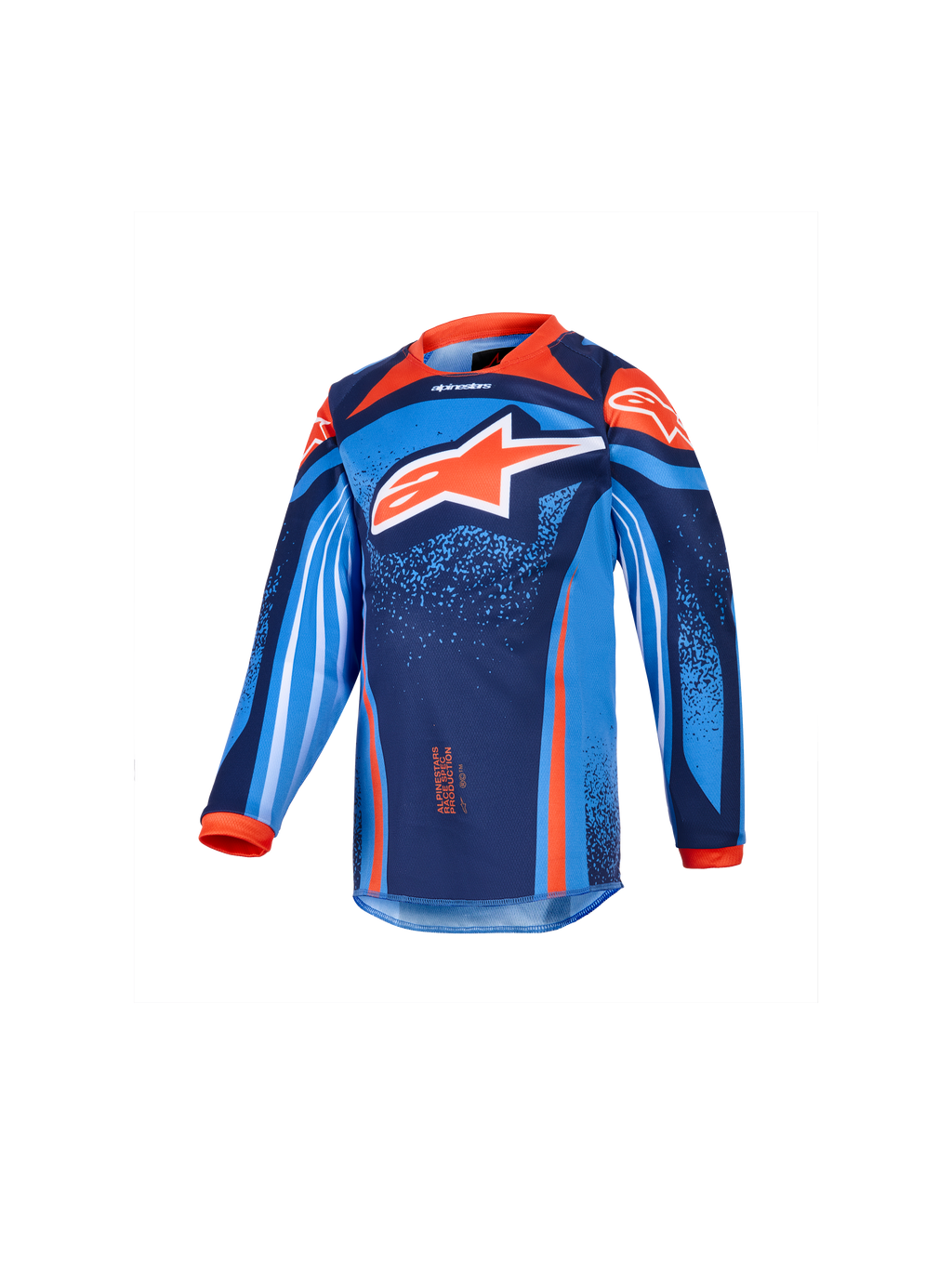 Alpinestars 2026 Kids Racer Nomur Jersey, maglia da motocross a maniche lunghe per ragazzi, blu scuro, arancione e blu UCLA, con un grande logo a stella bianco e arancione, vivaci grafiche geometriche e punteggiate, colletto e polsini arancioni, tessuto tecnico per il motocross giovanile