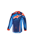 Alpinestars 2026 Kids Racer Nomur Jersey, maglia da motocross a maniche lunghe per ragazzi, blu scuro, arancione e blu UCLA, con un grande logo a stella bianco e arancione, vivaci grafiche geometriche e punteggiate, colletto e polsini arancioni, tessuto tecnico per il motocross giovanile