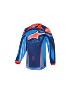 Alpinestars 2026 Kids Racer Nomur Jersey, maglia da motocross a maniche lunghe per ragazzi, blu scuro, arancione e blu UCLA, con un grande logo a stella bianco e arancione, vivaci grafiche geometriche e punteggiate, colletto e polsini arancioni, tessuto tecnico per il motocross giovanile