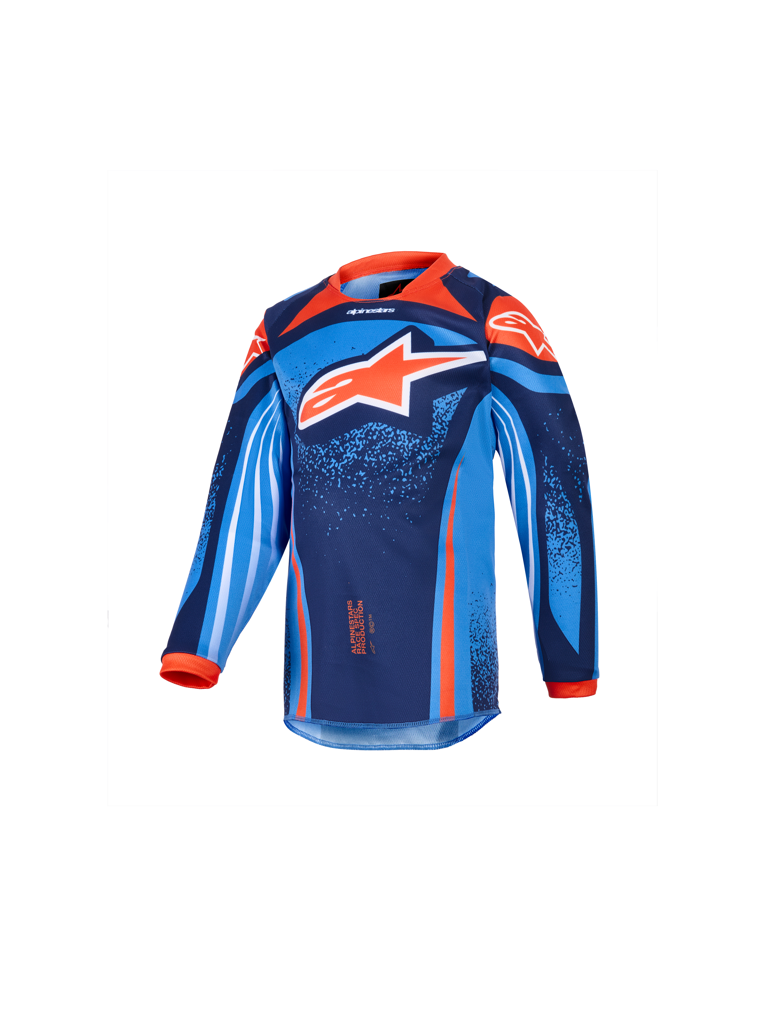 Alpinestars 2026 Kids Racer Nomur Jersey, maglia da motocross a maniche lunghe per ragazzi, blu scuro, arancione e blu UCLA, con un grande logo a stella bianco e arancione, vivaci grafiche geometriche e punteggiate, colletto e polsini arancioni, tessuto tecnico per il motocross giovanile