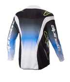 Alpinestars Kids 2023 Racer Push Jersey, maglia da motocross, Nightlife UCLA Blue White e nero, vista posteriore con sfumatura centrale da blu a bianco, loghi verde lime e accenti laterali bianchi, abbigliamento da fuoristrada a maniche lunghe