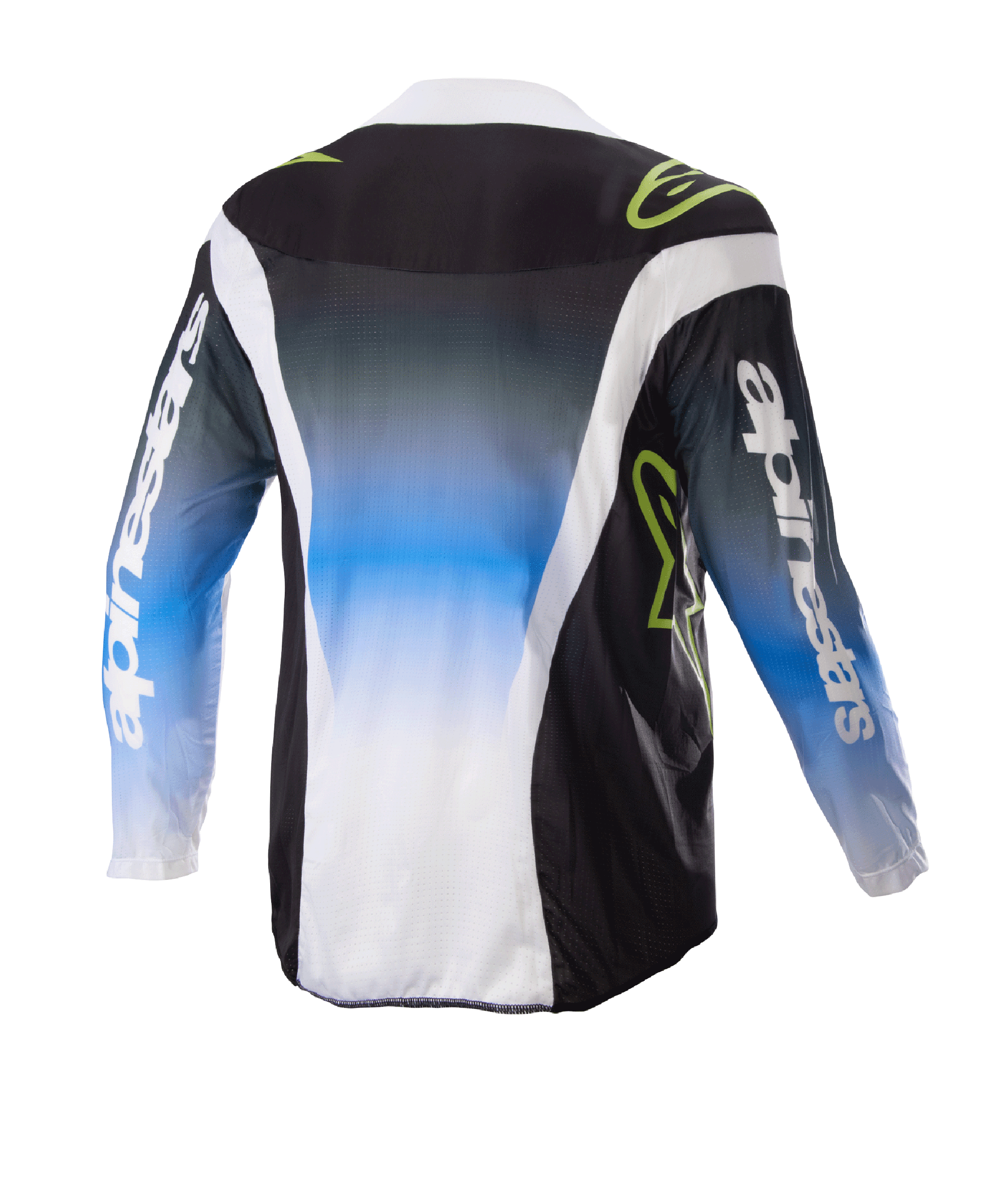 Alpinestars Kids 2023 Racer Push Jersey, maglia da motocross, Nightlife UCLA Blue White e nero, vista posteriore con sfumatura centrale da blu a bianco, loghi verde lime e accenti laterali bianchi, abbigliamento da fuoristrada a maniche lunghe