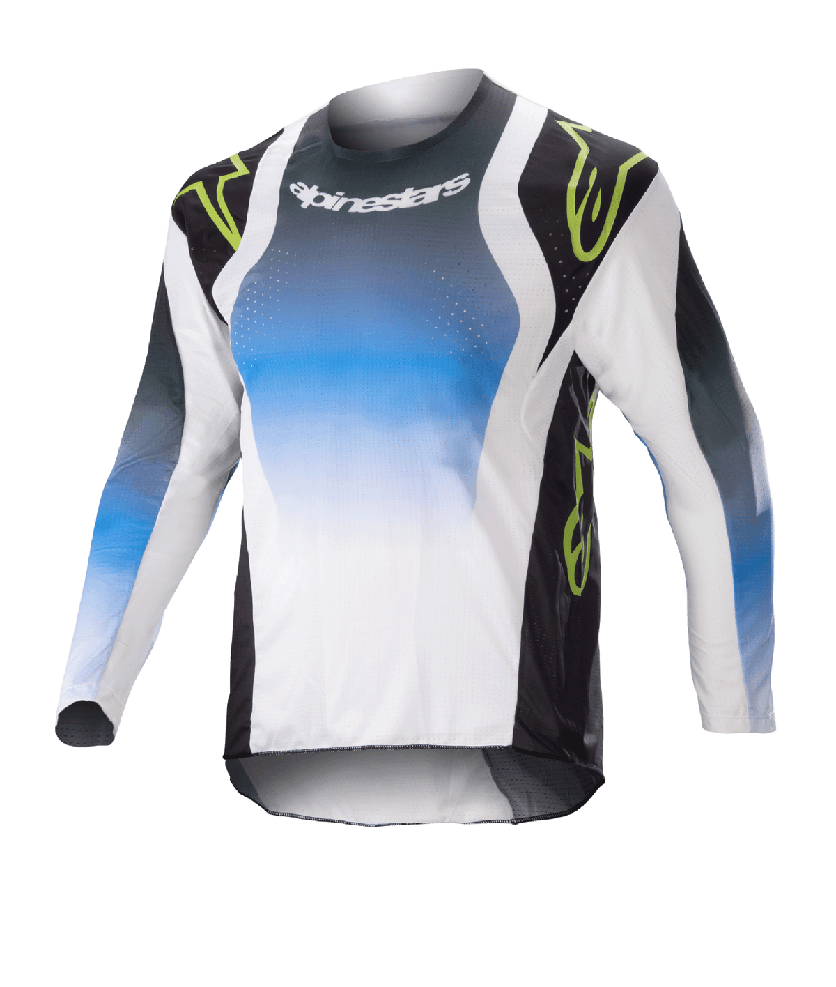 Alpinestars Kids 2023 Racer Push Jersey, maglia da motocross a maniche lunghe per bambini, blu, bianca e nera con accenti verde neon, design a gradiente con logo Alpinestars sul petto, tessuto leggero e traspirante per prestazioni off-road