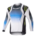 Alpinestars Kids 2023 Racer Push Jersey, maglia da motocross a maniche lunghe per bambini, blu, bianca e nera con accenti verde neon, design a gradiente con logo Alpinestars sul petto, tessuto leggero e traspirante per prestazioni off-road