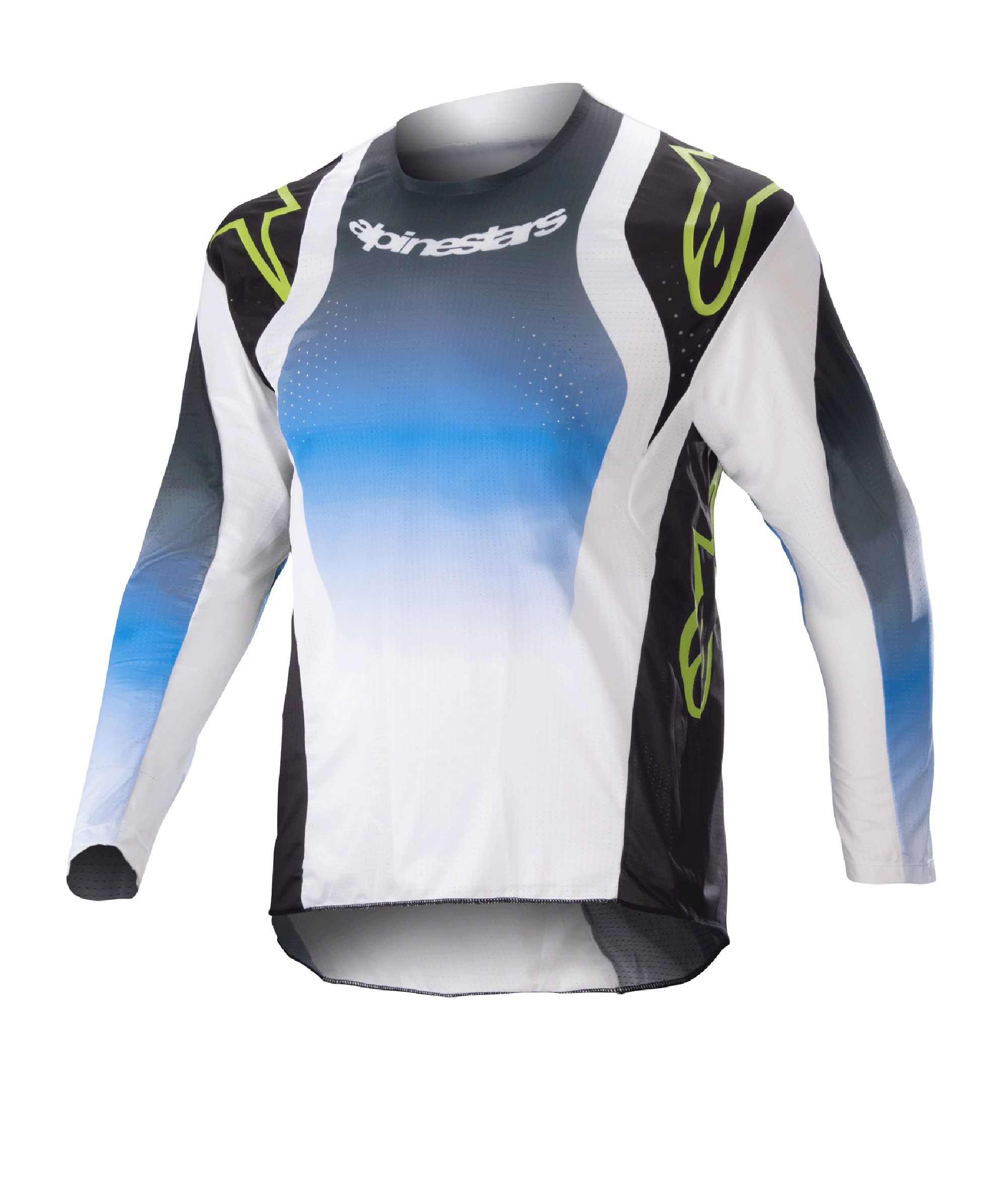 Alpinestars Kids 2023 Racer Push Jersey, maglia da motocross a maniche lunghe per bambini, blu, bianca e nera con accenti verde neon, design a gradiente con logo Alpinestars sul petto, tessuto leggero e traspirante per prestazioni off-road