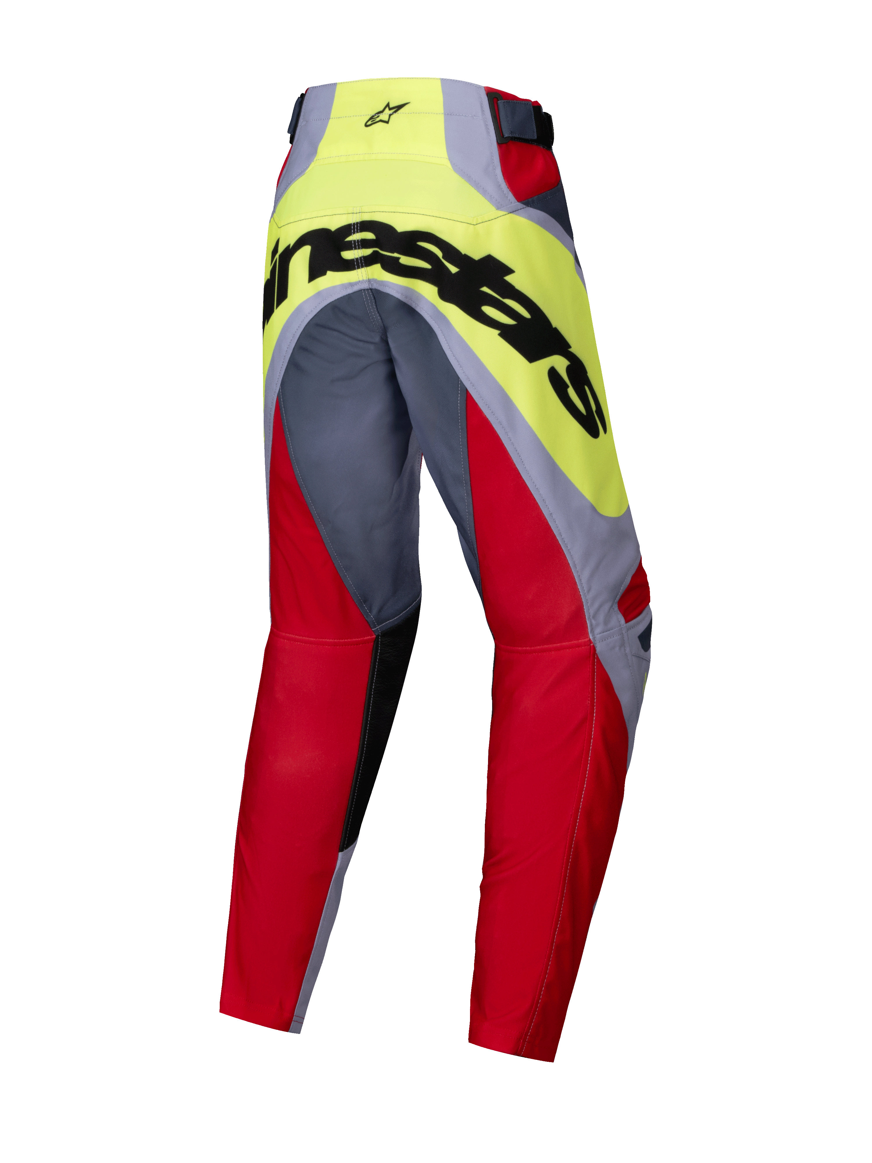Alpinestars pantaloni Youth Racer Melt 2025, pantaloni da motocross, rosso acceso e grigio con giallo neon, vista posteriore con grande marchio Alpinestars nero sulla seduta, design pre-curvato per prestazioni off-road