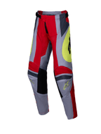 Alpinestars 2025 Youth Racer Melt Pants, pantaloni da motocross per ragazzi, rosso acceso e grigio con accenti gialli, con pannelli rinforzati neri sulle ginocchia, grafiche angolari decise e loghi Astars, design resistente per gare fuoristrada