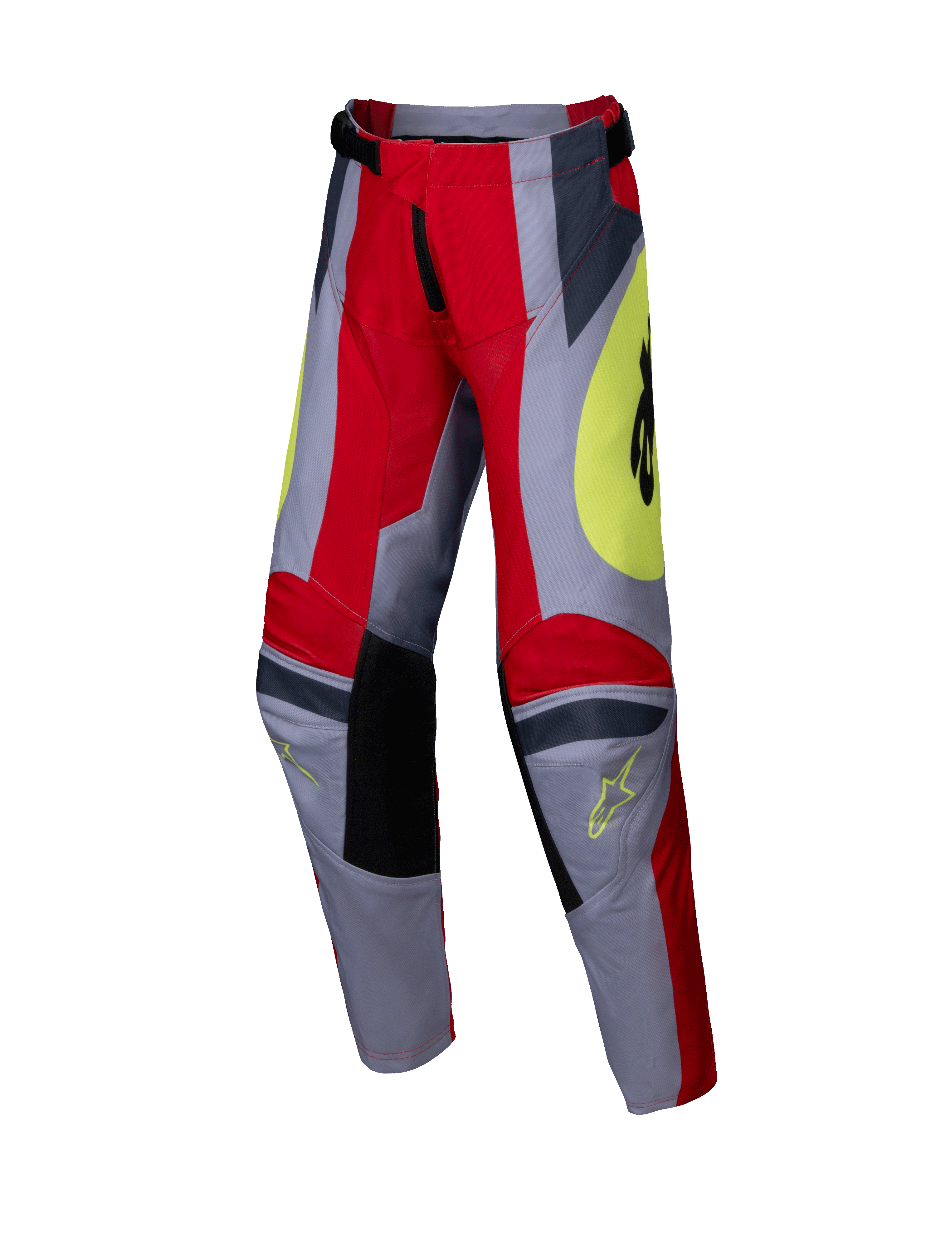 Alpinestars 2025 Youth Racer Melt Pants, pantaloni da motocross per ragazzi, rosso acceso e grigio con accenti gialli, con pannelli rinforzati neri sulle ginocchia, grafiche angolari decise e loghi Astars, design resistente per gare fuoristrada