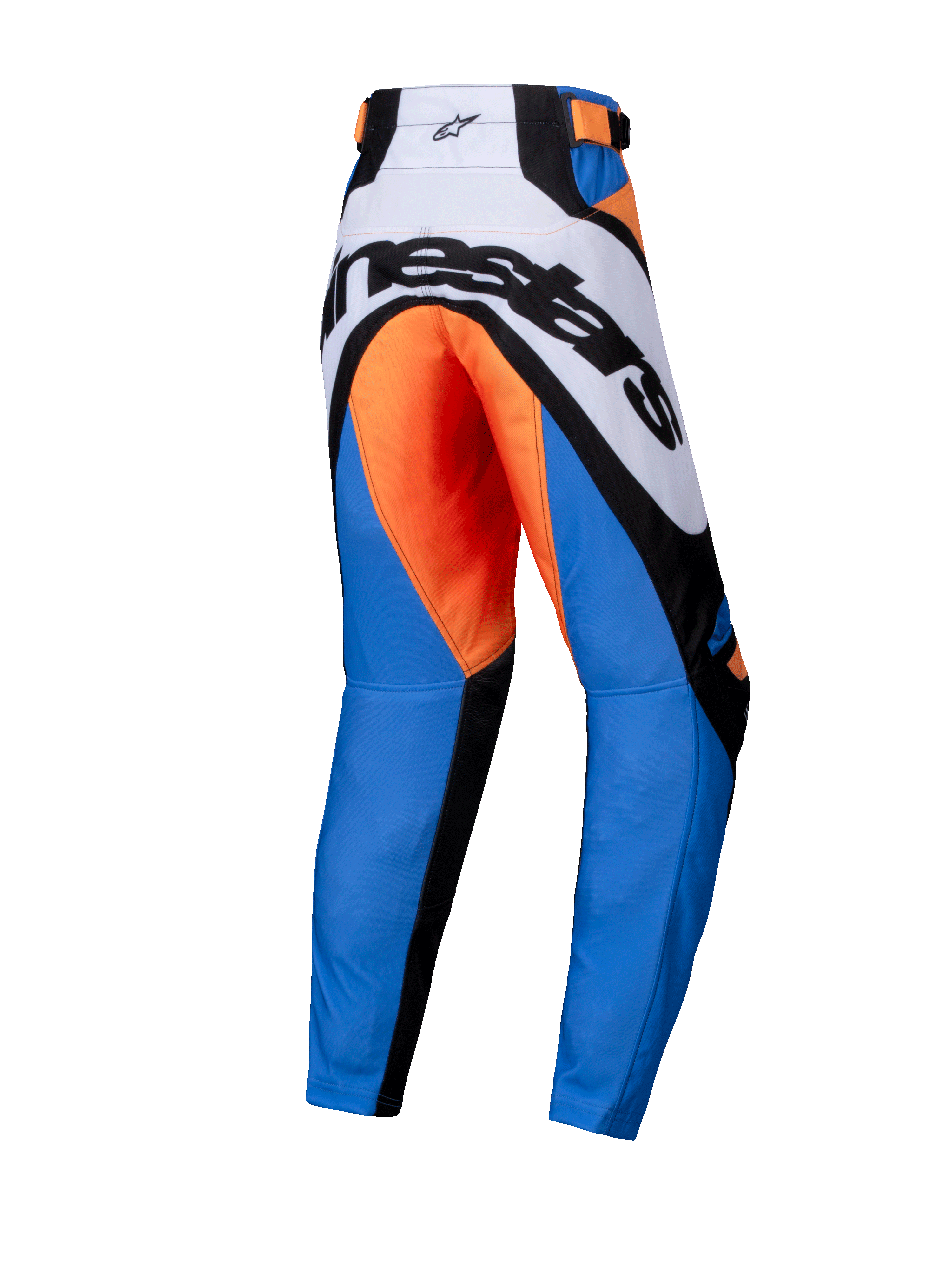 Alpinestars 2025 Youth Racer Melt Pants, pantaloni da motocross, arancione e blu, vista posteriore con vistoso logo Alpinestars nero su carré bianco, area della seduta arancione, gambe blu e pannelli rinforzati neri, design ergonomico per il fuoristrada